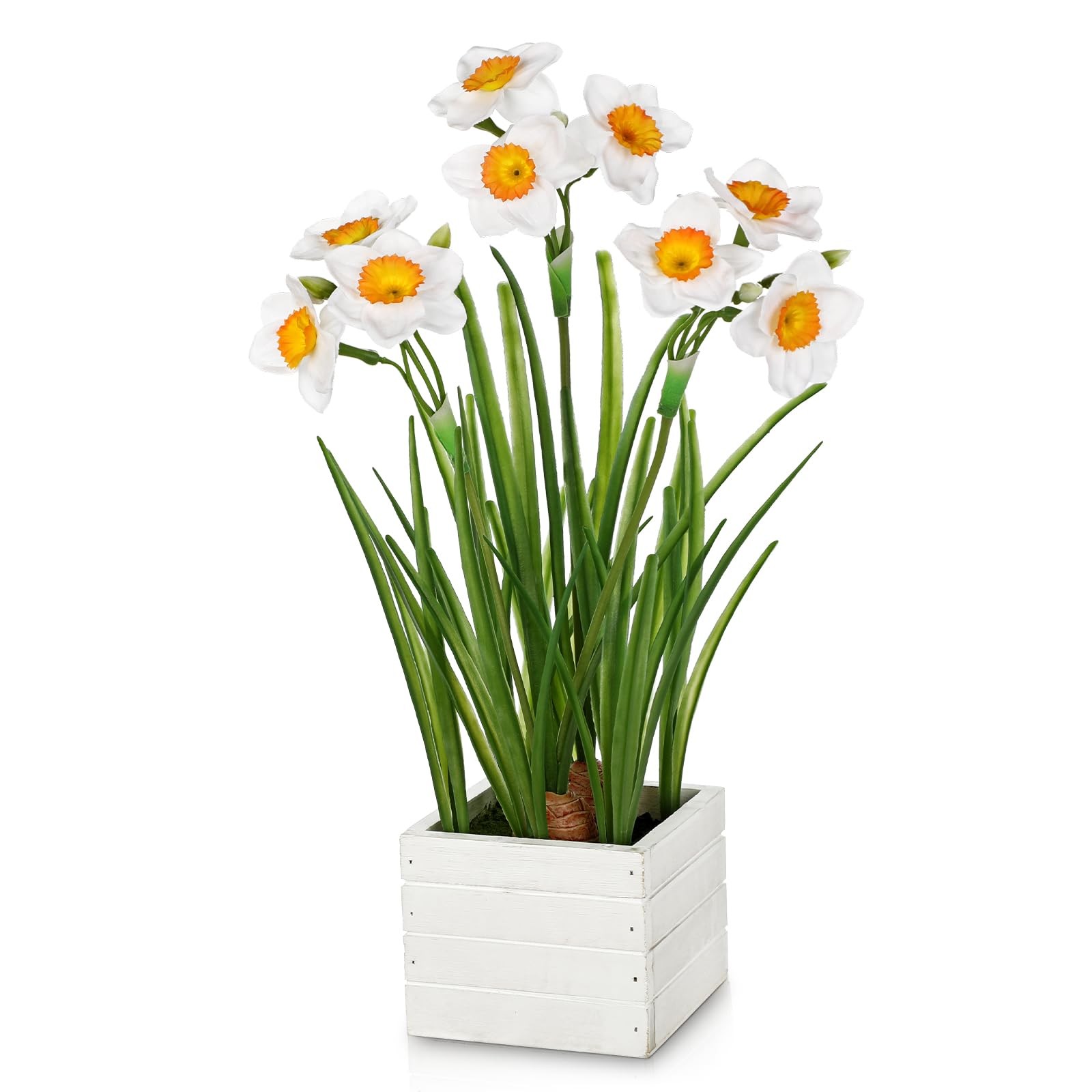 White Daffodils Artificial Flowers In Wood Planter Pot, 15.7″ Fake Potted Daf…