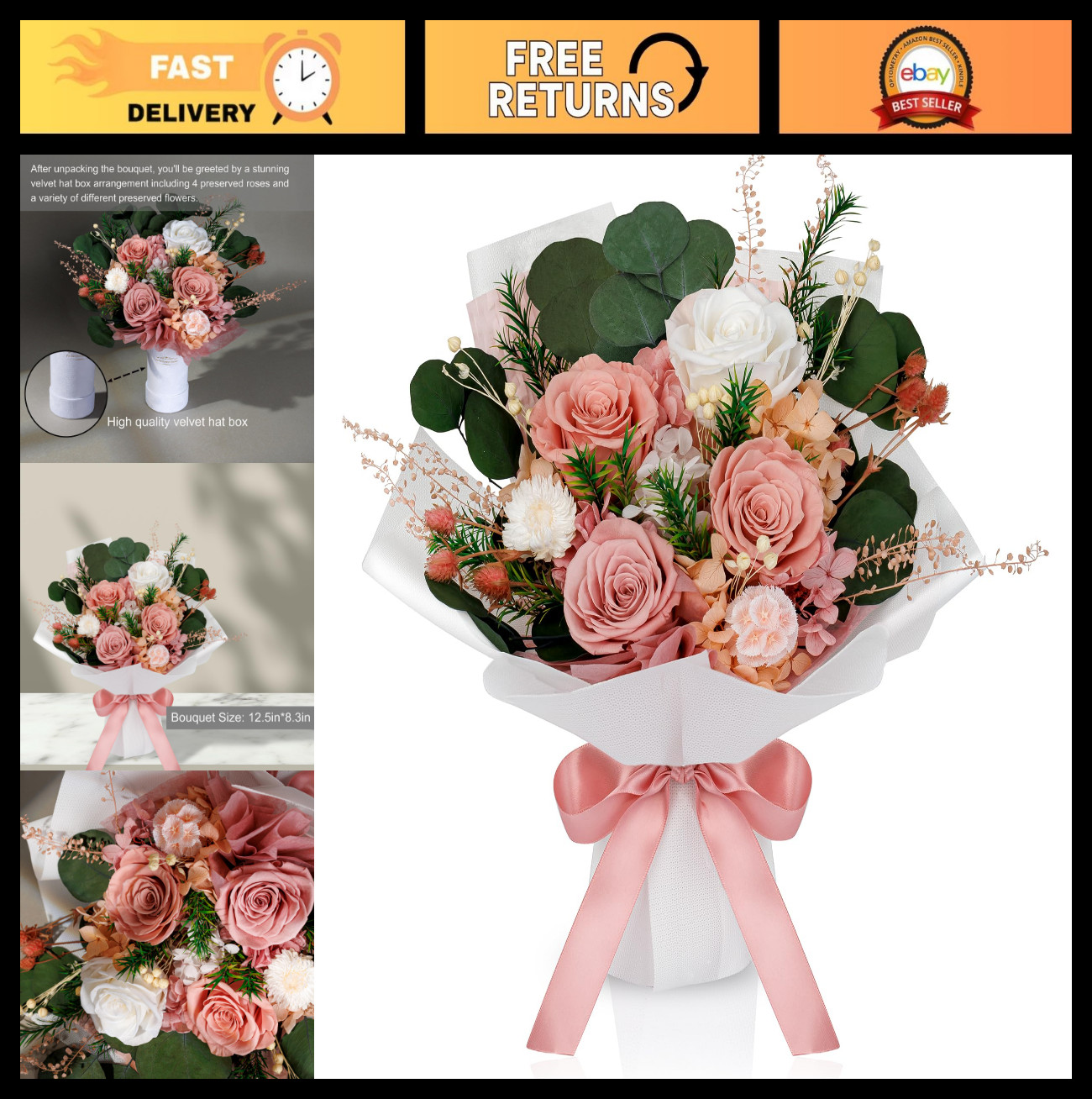 Mixed Bouquet of Preserved Flowers for Mother’s Day, Birthday Gift for Women, Du