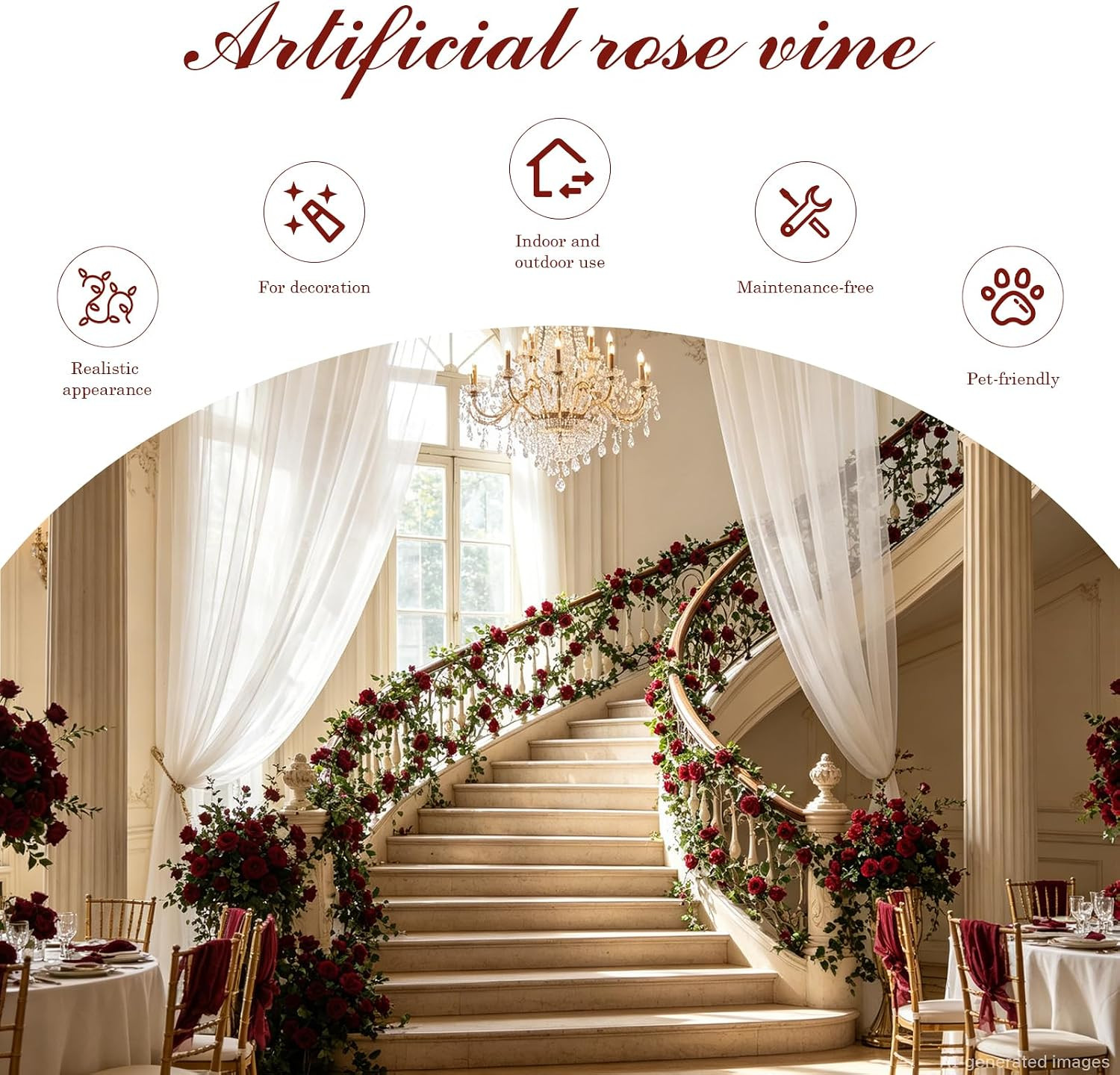 Burgundy Silk Rose Garland – 73” Floral Vines for Home & Wedding Decor