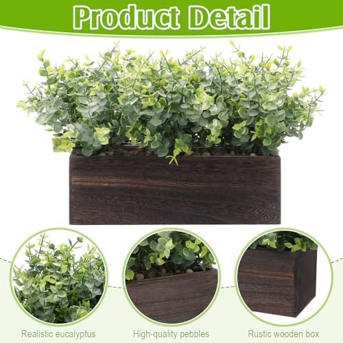 Artificial Eucalyptus Plant Set 2 Pack in Wooden Planter Box Rustic Farmhouse