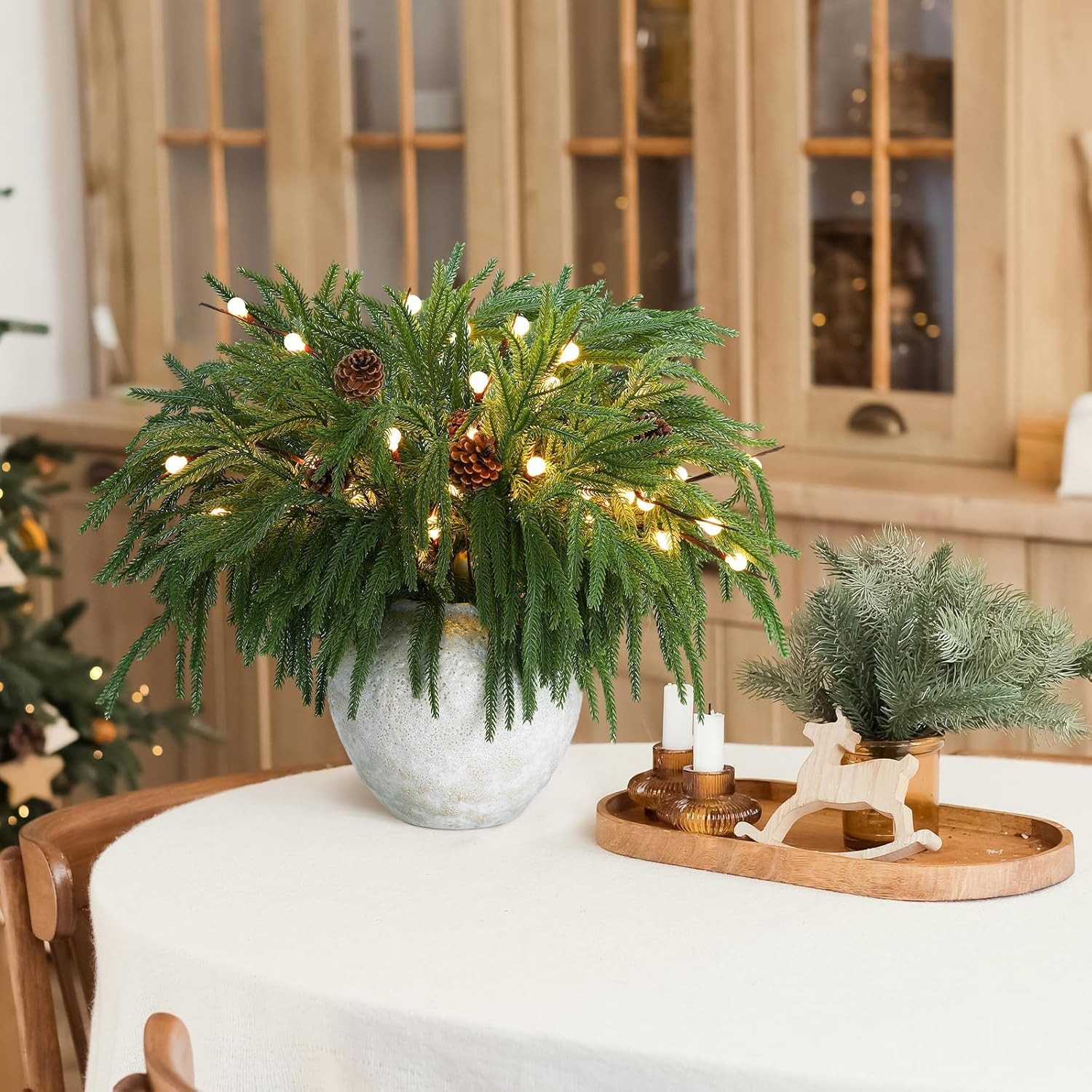 20 Pcs Christmas Norfolk Pine Branches with Lights Set Includes 12 19.7″ Artific