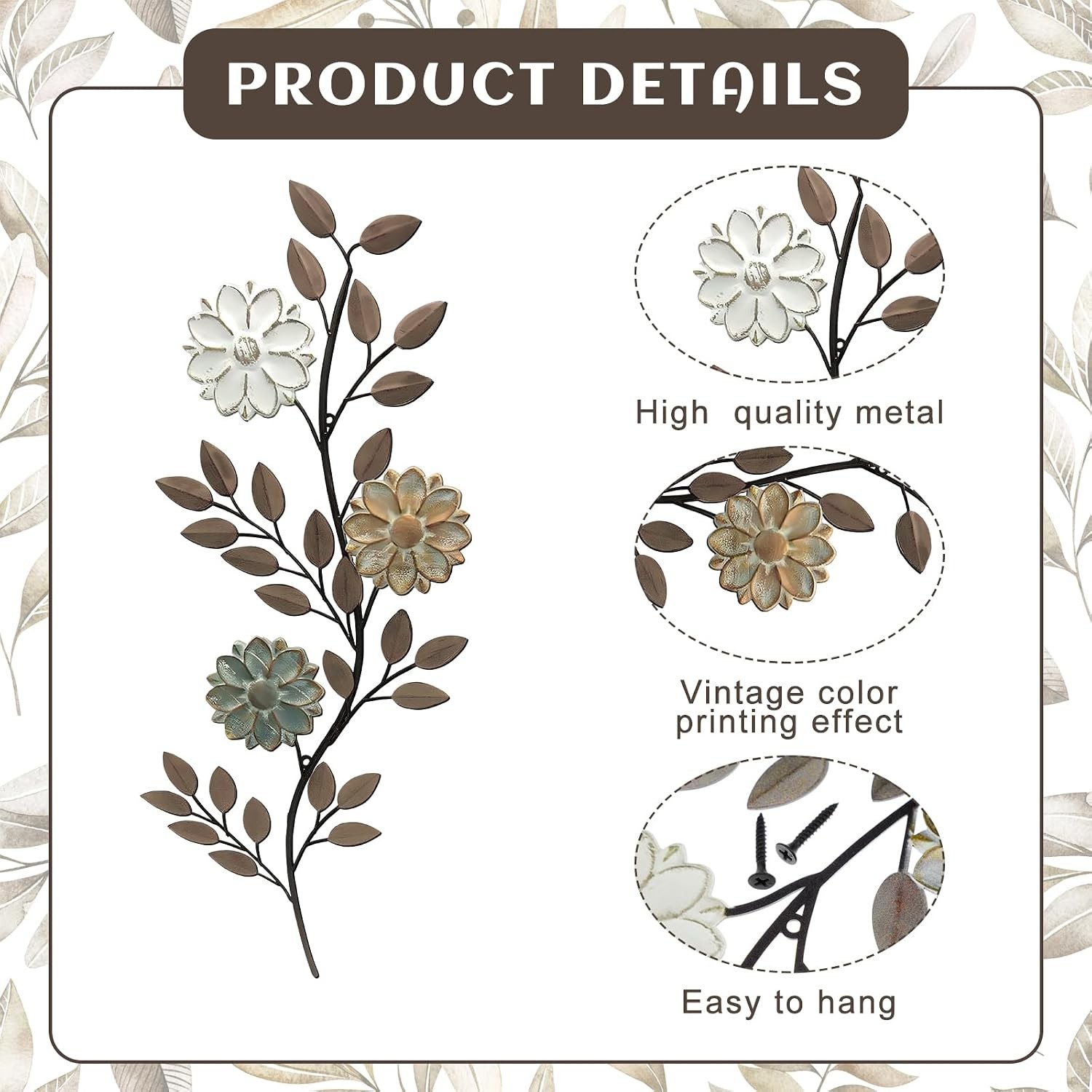 MorningRo 2 Pcs Metal Flower Wall Art 15.75 Inch Brown