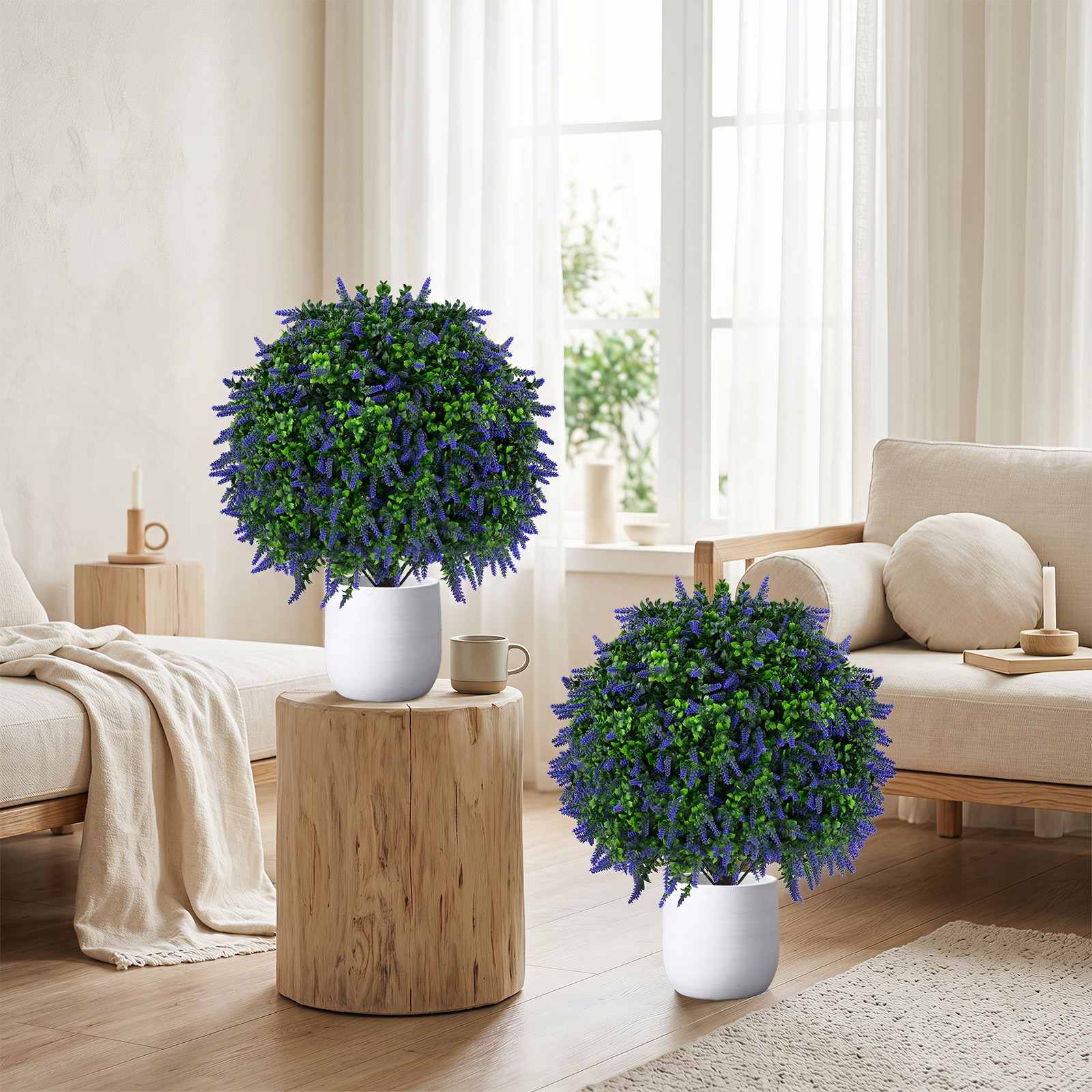 Set of 2 Artificial Lavender Topiary Ball Trees 22″ Faux Lavender Potted Plants
