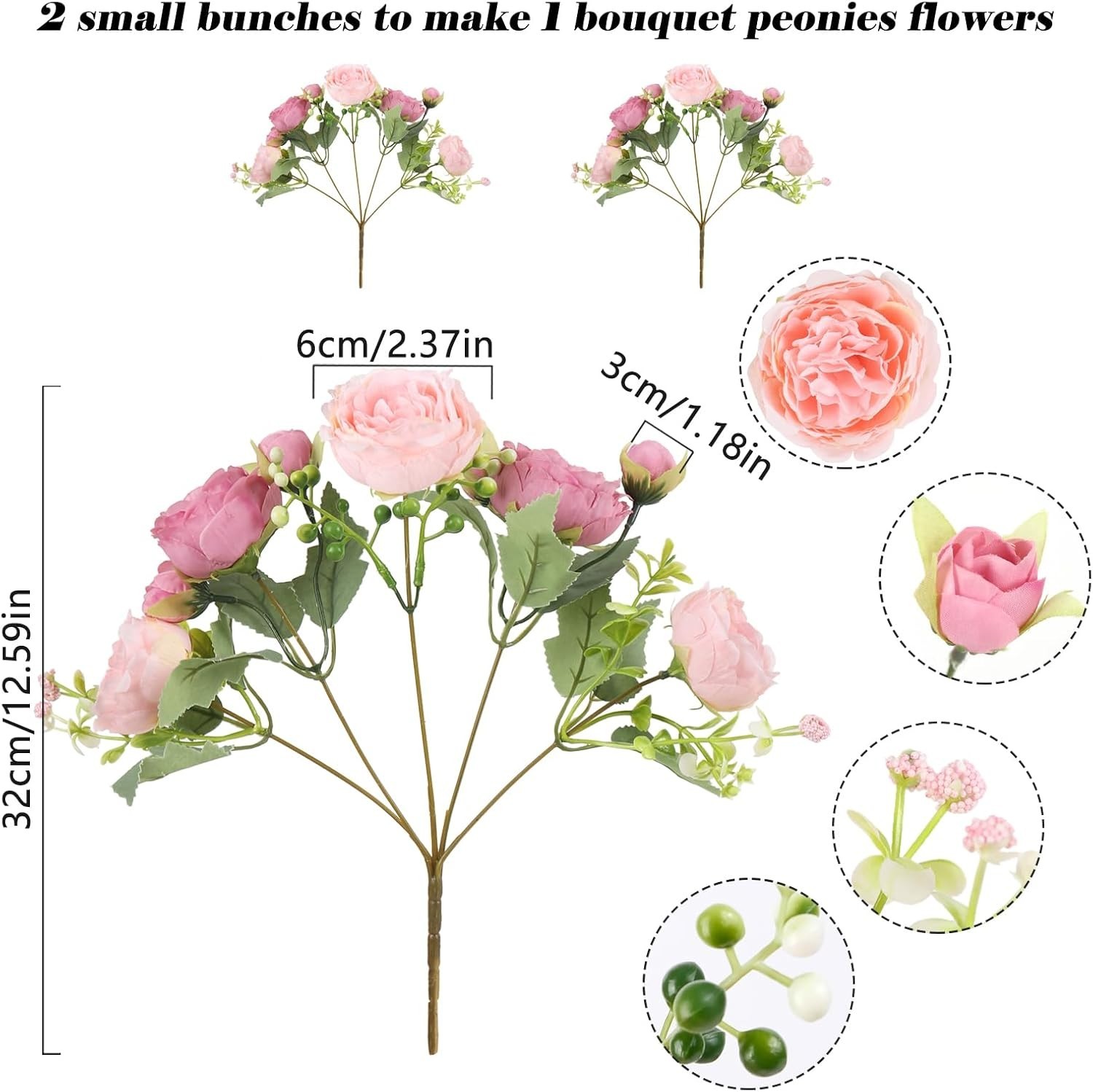 Artificial Peonies Silk Flowers Pink Faux Bouquet 2 Bunches Floral Decor
