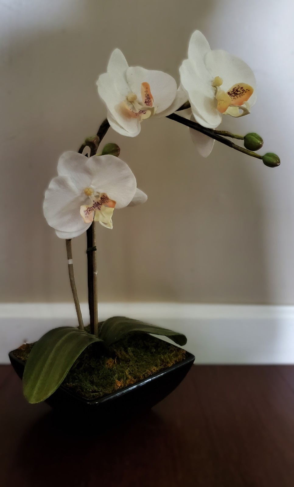 Artificial Flower Arrangement White Phalaenopsis Orchid 16″ in 6x6x2.5 black pot