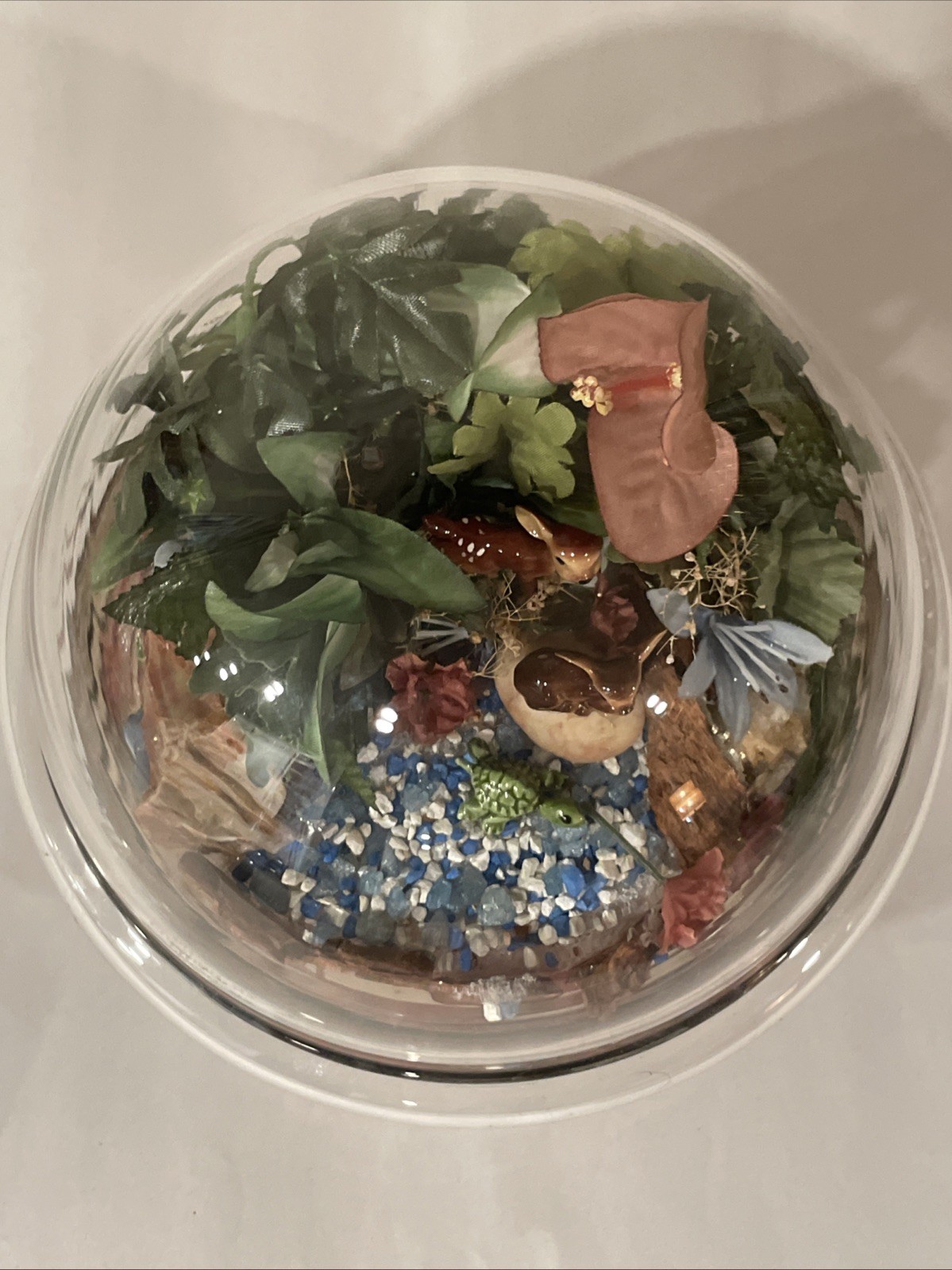 Vintage Glass Dome Terrarium Woodland Animals & Turtle 7”