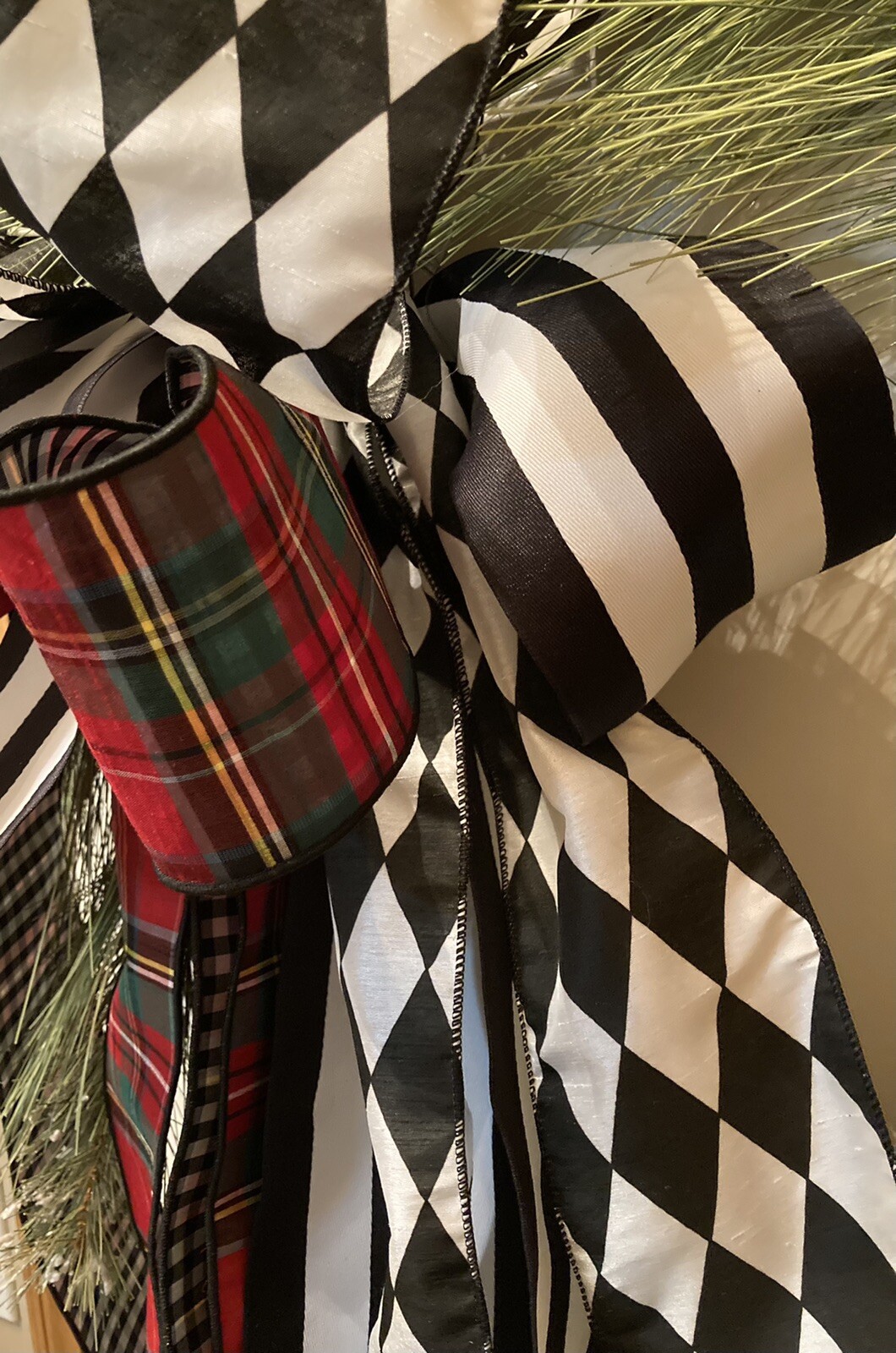 Long Snowy Needled Pine Wreath Wrapped In Exquisite Ribbon