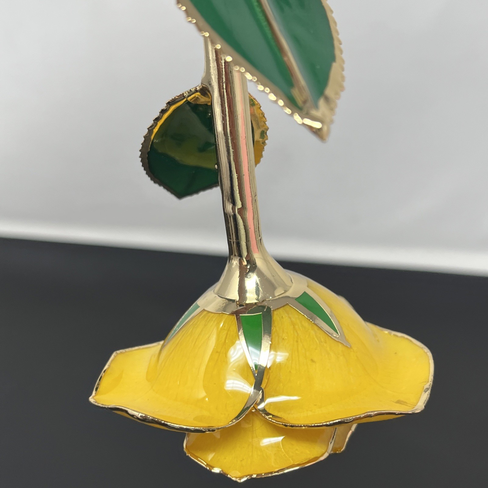 Handcrafted Preserved Yellow Rose Gloss Laquered With 24K Gold Plated Trimmed