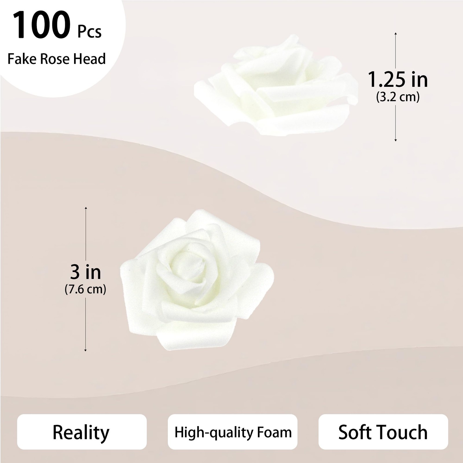 100 PCS 3 Inch Artificial Flowers Bulk Faux Foam Fake Rose Head White Decor