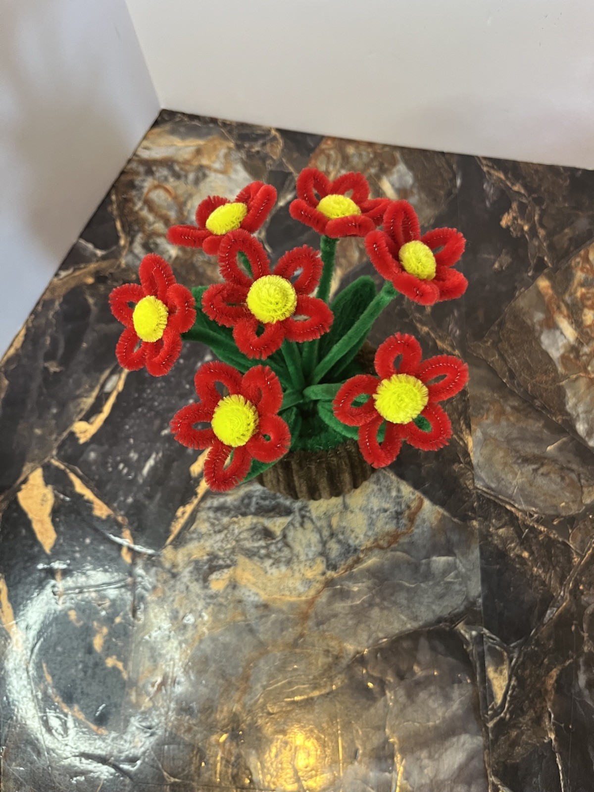 Handmade Pipe Cleaner Flowers in Brown Pot –Red &Yellow Artificial Craft Bouquet