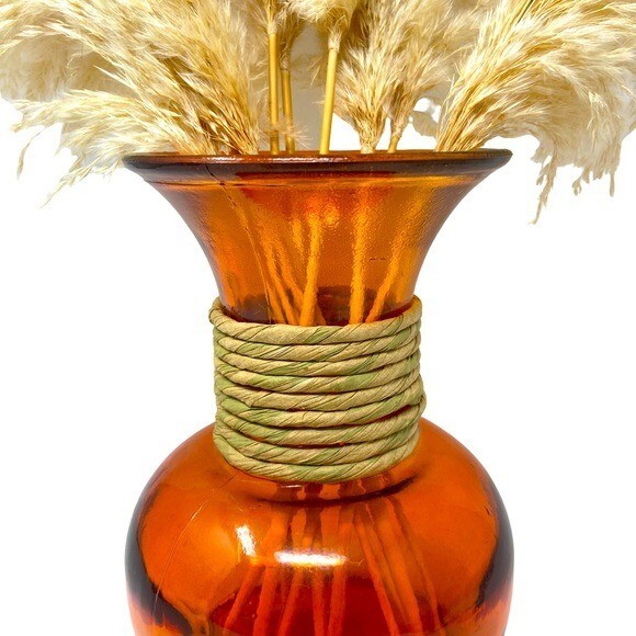 Orange Flower Glass Vase. With Natural Dried Pampas Grass Decor.