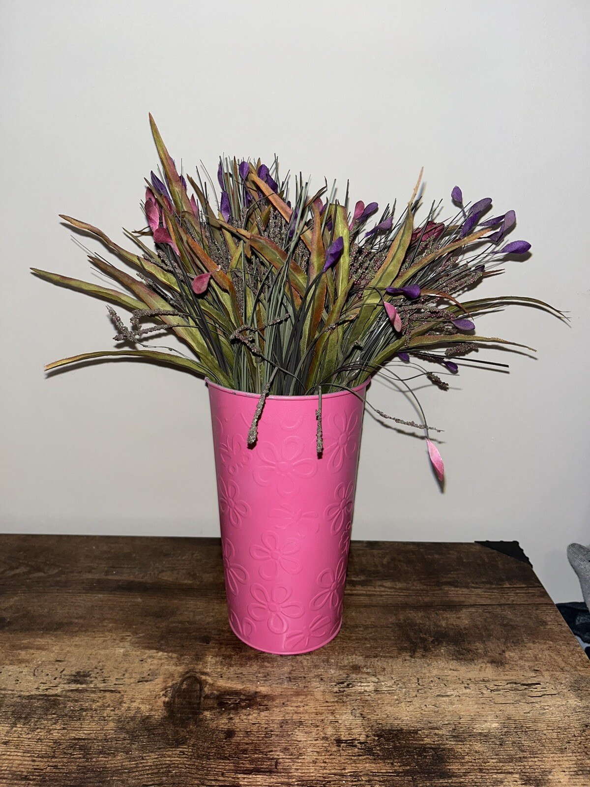Artificial Purple Pink Flower Arrangement, Pink 9” Metal Vase Planter Home Decor