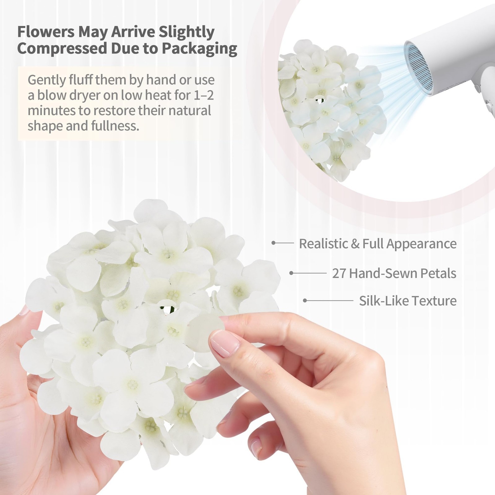 DIYPOP 40 PCS Ivory Silk Hydrangea Flowers, Detachable Heads + 8-Inch Wired S…