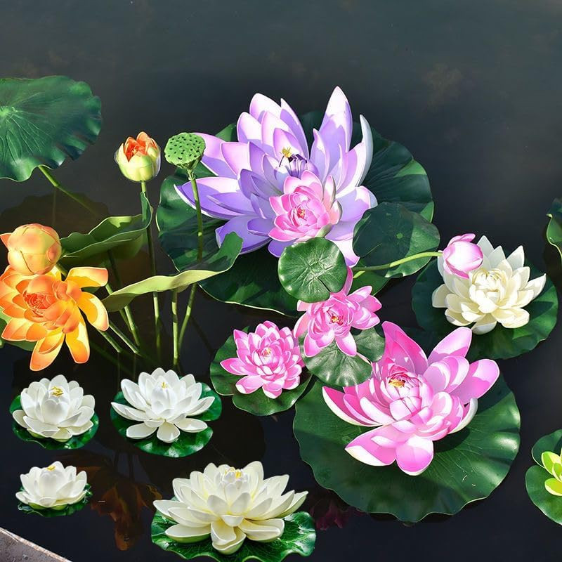 7 PCS Artificial Floating Foam Lotus Flower with Water Lily Pad, Lifelike Orname