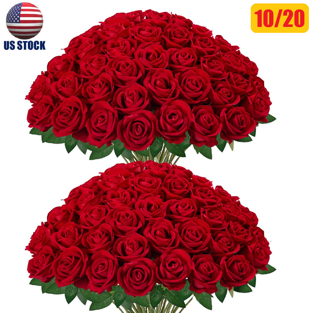 10/20x Red Roses Artificial Flowers Fake Velvet Silk Rose Bulk Faux Floral Decor