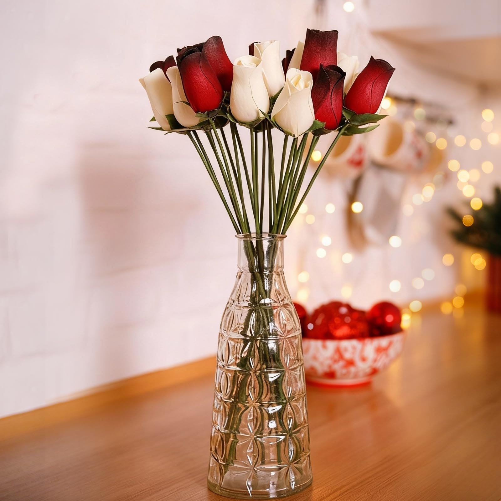 24 PCS Wooden Roses 13 Inch Realistic Wood Flower Red White Wedding Decor