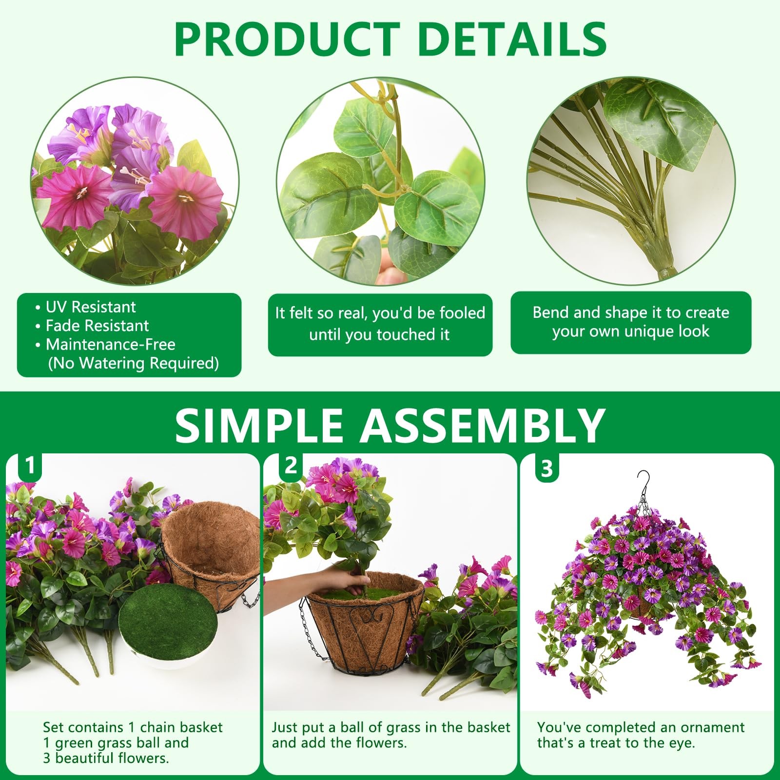 Homsunny Artificial Hanging Fake Flowers with Basket Plants for Outdoor Decor