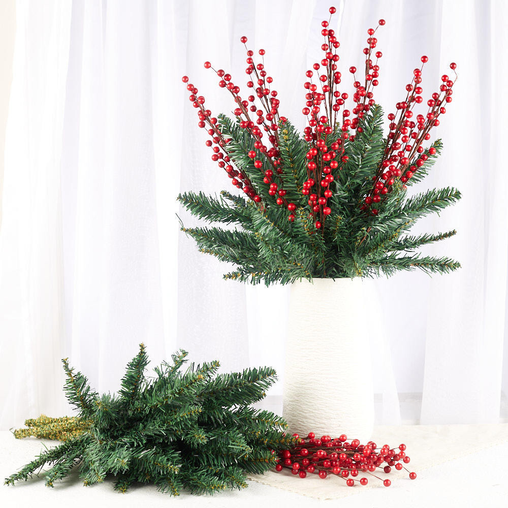Package of 24 Artificial Red Berry 22″ Stems and 17″ Canadian Pine Picks