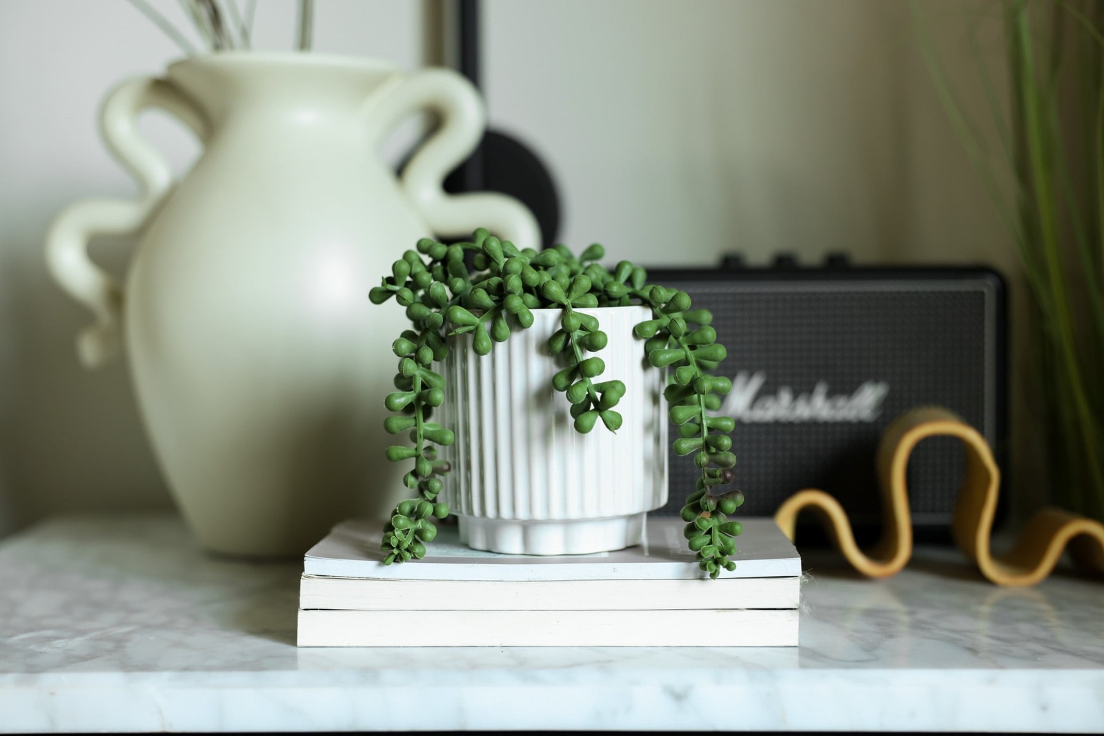 5.38” UV Protected Artificial String of Pearls in White Ceramic Pot Tabletops