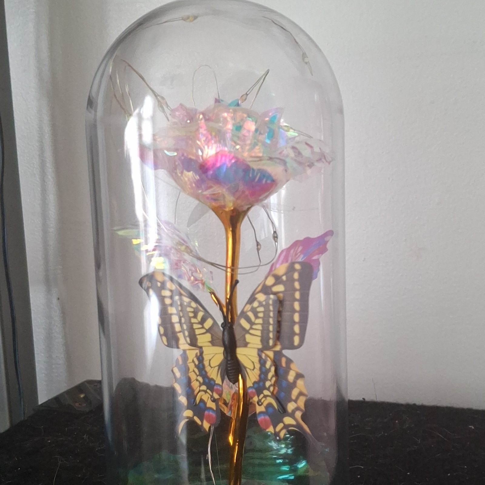 Artificial Multicolor & Gold Rose Flower Stem in Glass Dome Cloche Display