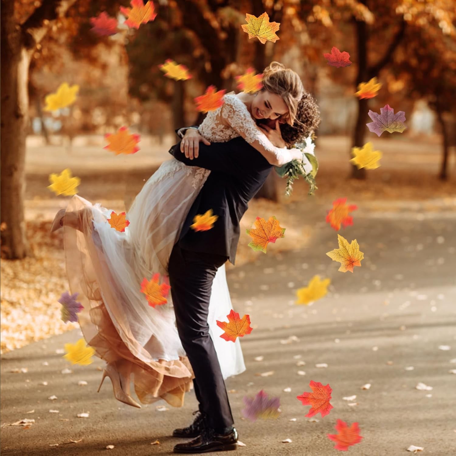 500PCS Fall Leaves Maple Bulk 8 Color Autumn Leaves with 100 Glue Dots Thanksgiv