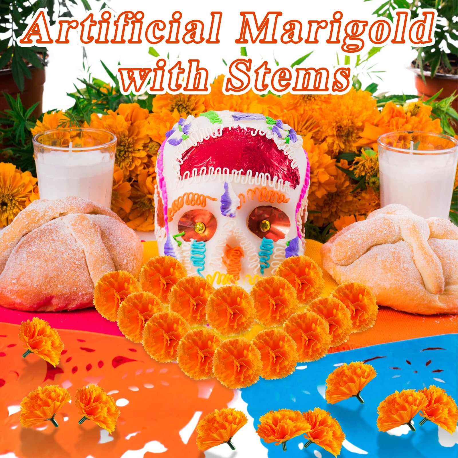 60 Pcs Marigold Flower Heads,Silk Artificial Marigold with Stems,Orange Fake …