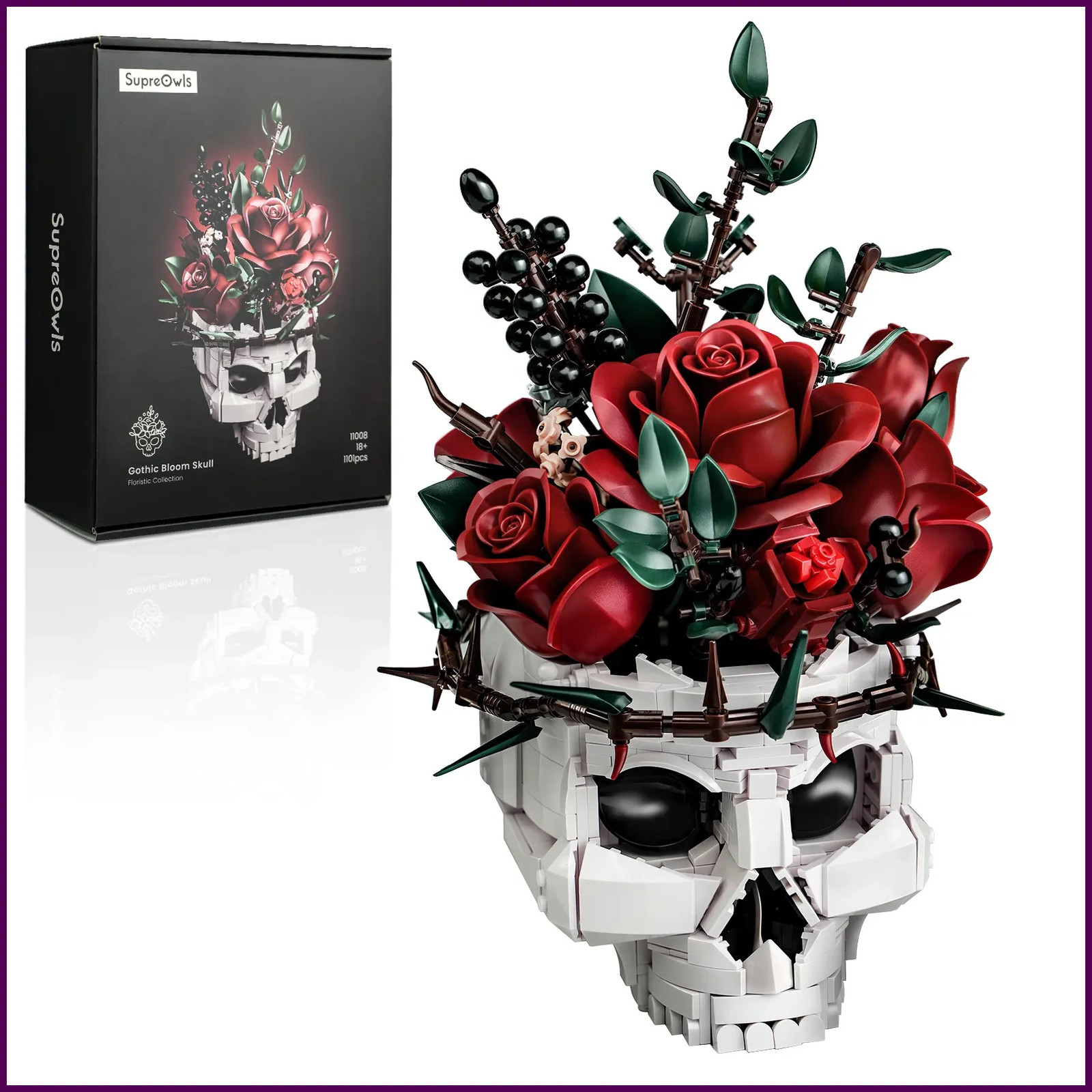 Skull Roses Bouquet Building Set Skeleton Flowers Plant Pot Blocks Horror Gothic