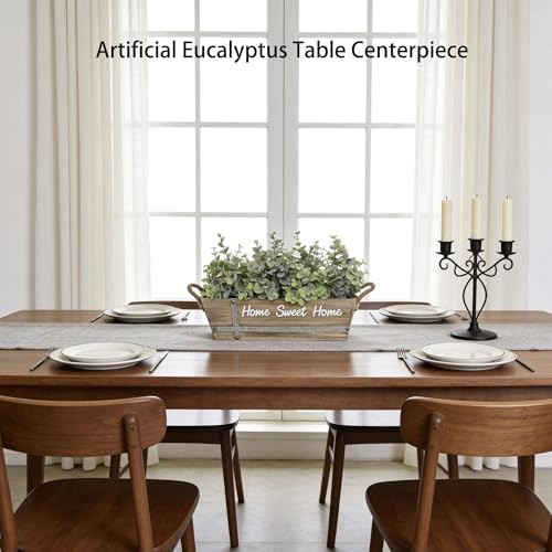 Artificial Table Centerpiece in Wooden Box, Faux Greenery Eucalyptus