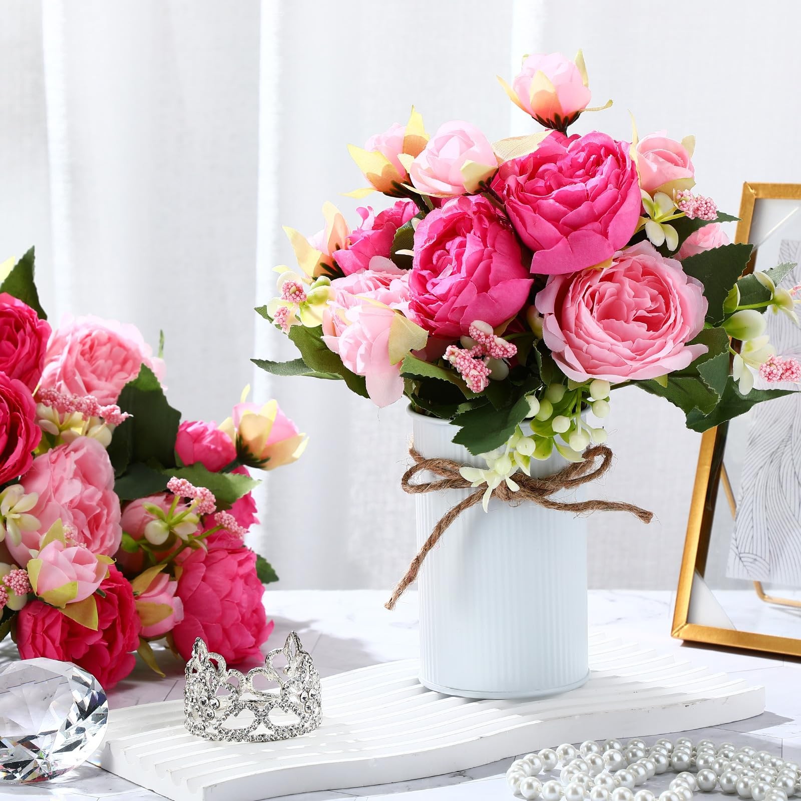 3 Sets Artificial Peonies Flower Peony Bouquet with Galvanized Metal Pot Silk…