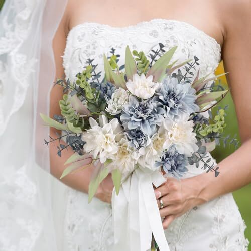 Fake Artificial Flowers Bouquet for Decoration, Silk Flower No Vase Blue White