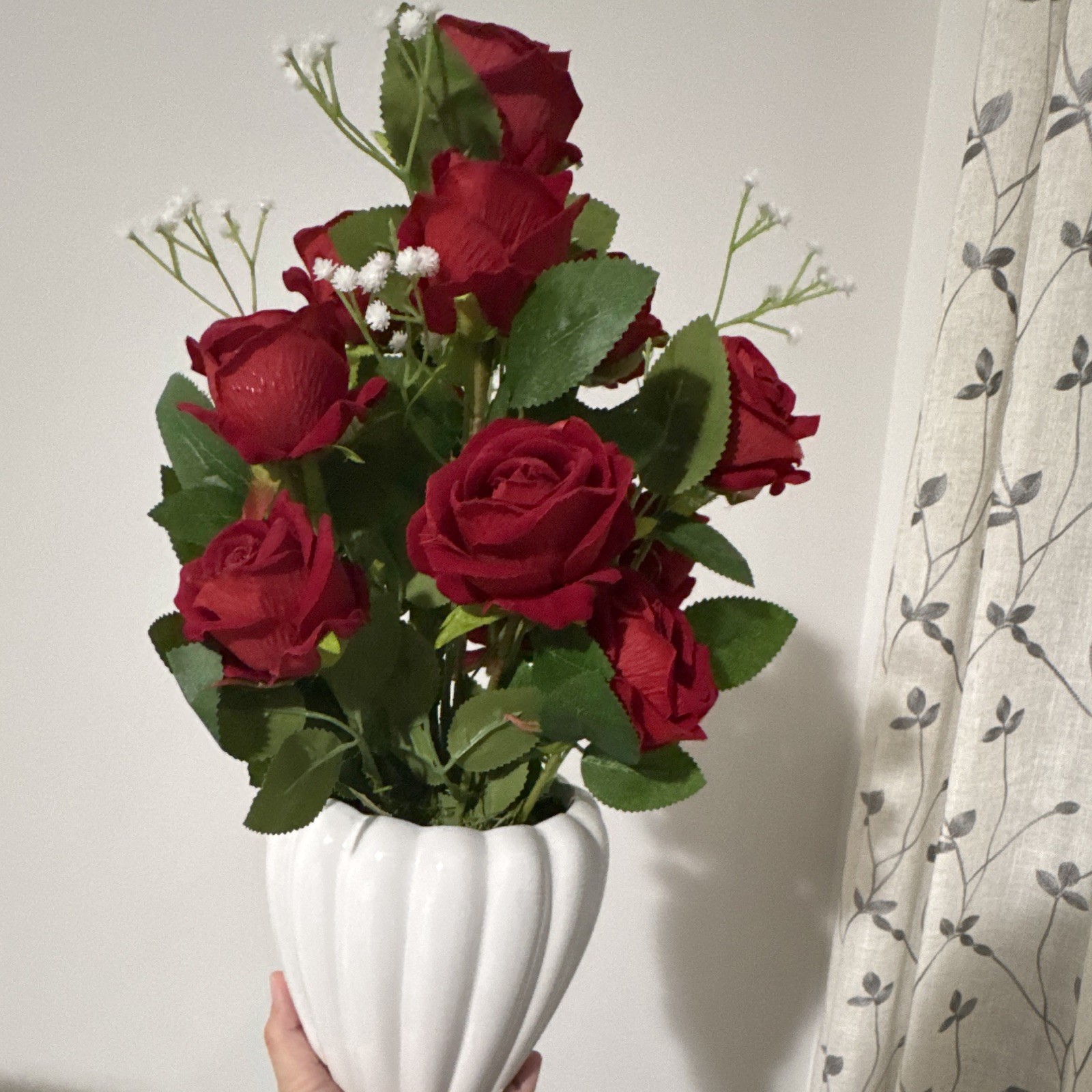 Artificial Red Rose Floral Arrangement Centerpiece Green Leaves White Vase