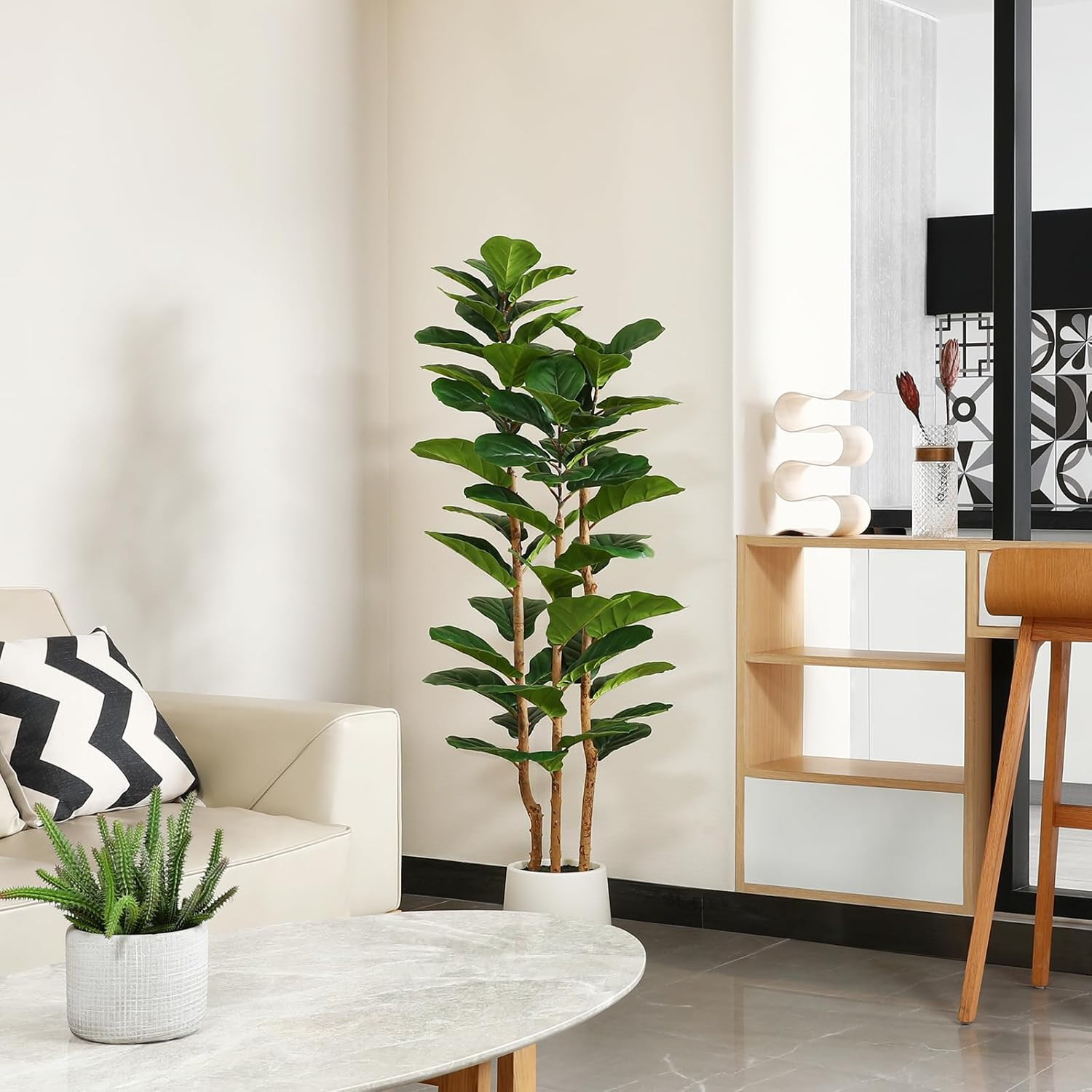 Artificial Fiddle Leaf Fig Tree with White Planter,5Ft Tall Fake Tree with Natur