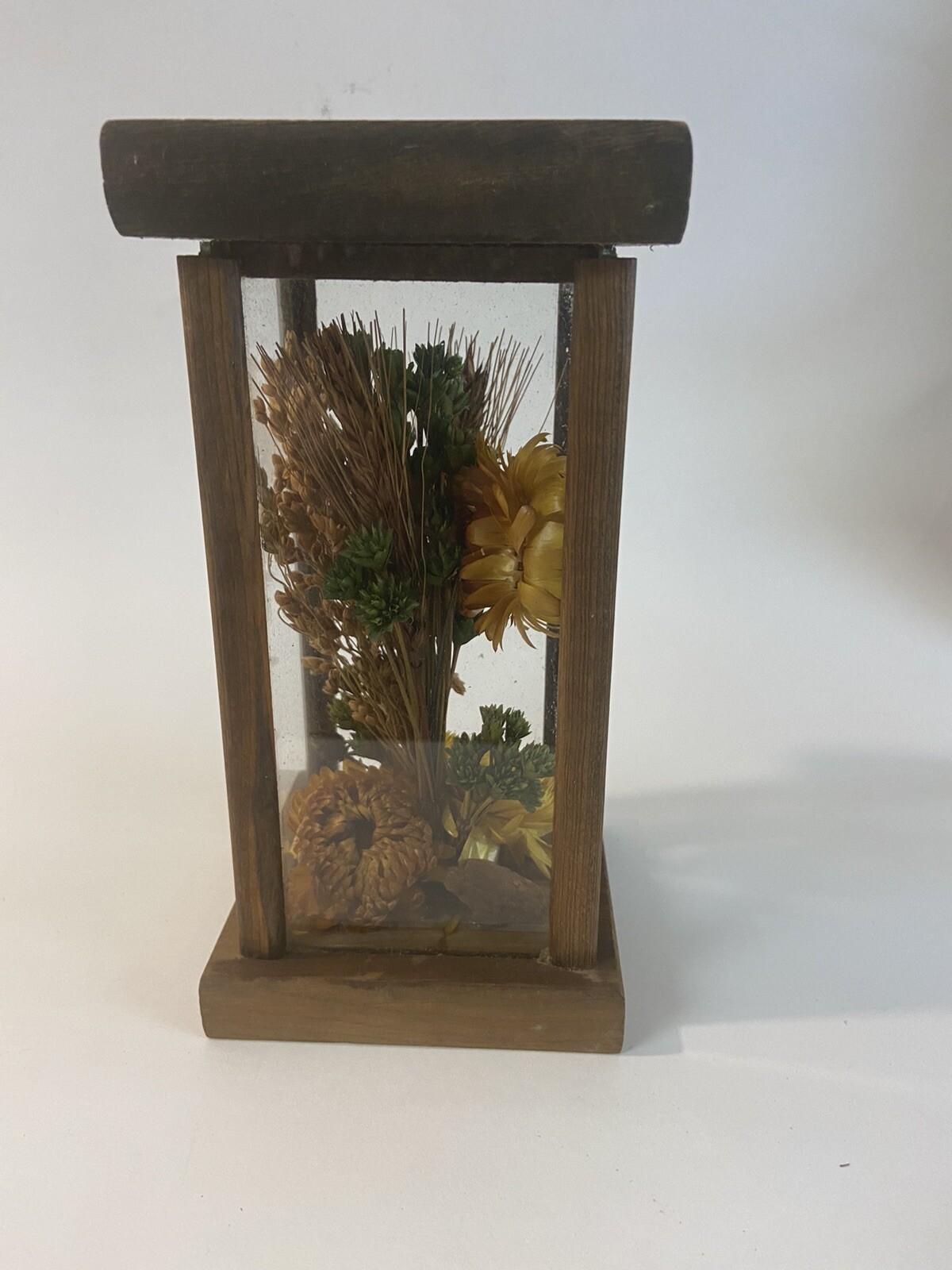 Vintage Dried Flower Glass Box on Wood Base And Top Cottagecore Rustic Country