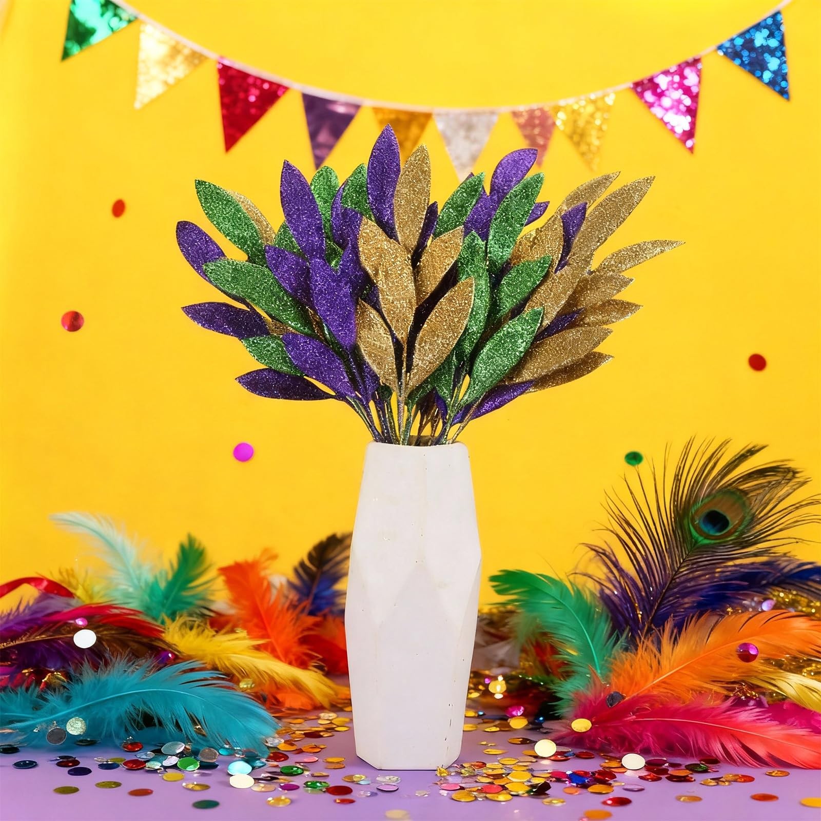 24 Pcs Mardi Gras Decorations Leaf Picks Vase Filler, 14″ Tall Purple Green G…