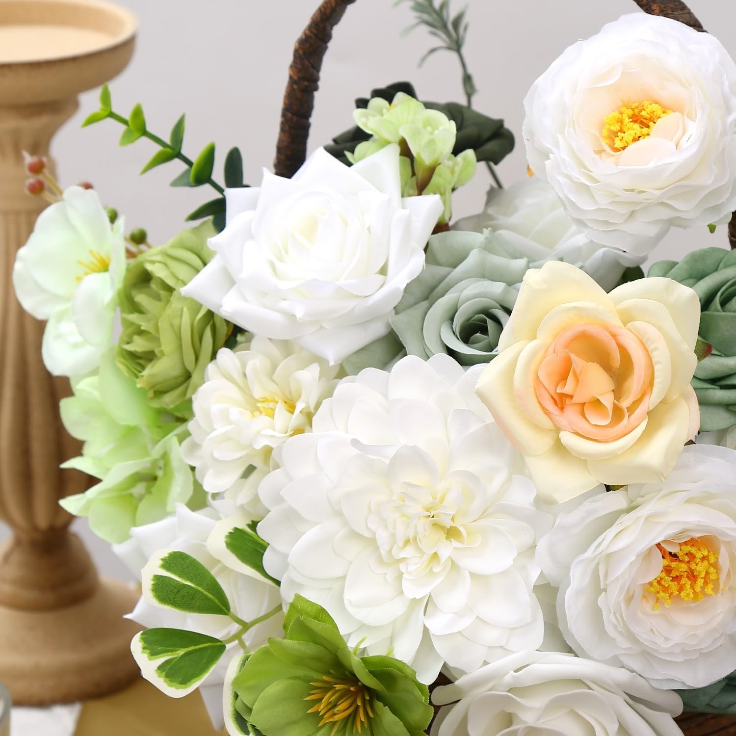 White & Green Artificial Flowers Combo Box Silk Fake Flower for DIY Wedding B…