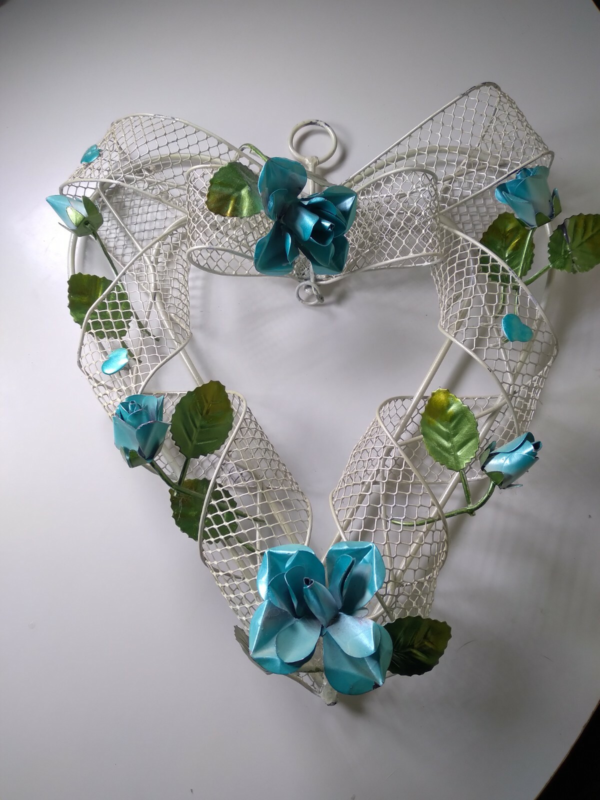 Antique Handmade Metal Wire Heart Shaped Wreath w/ Roses & Bow Wall Decor RARE
