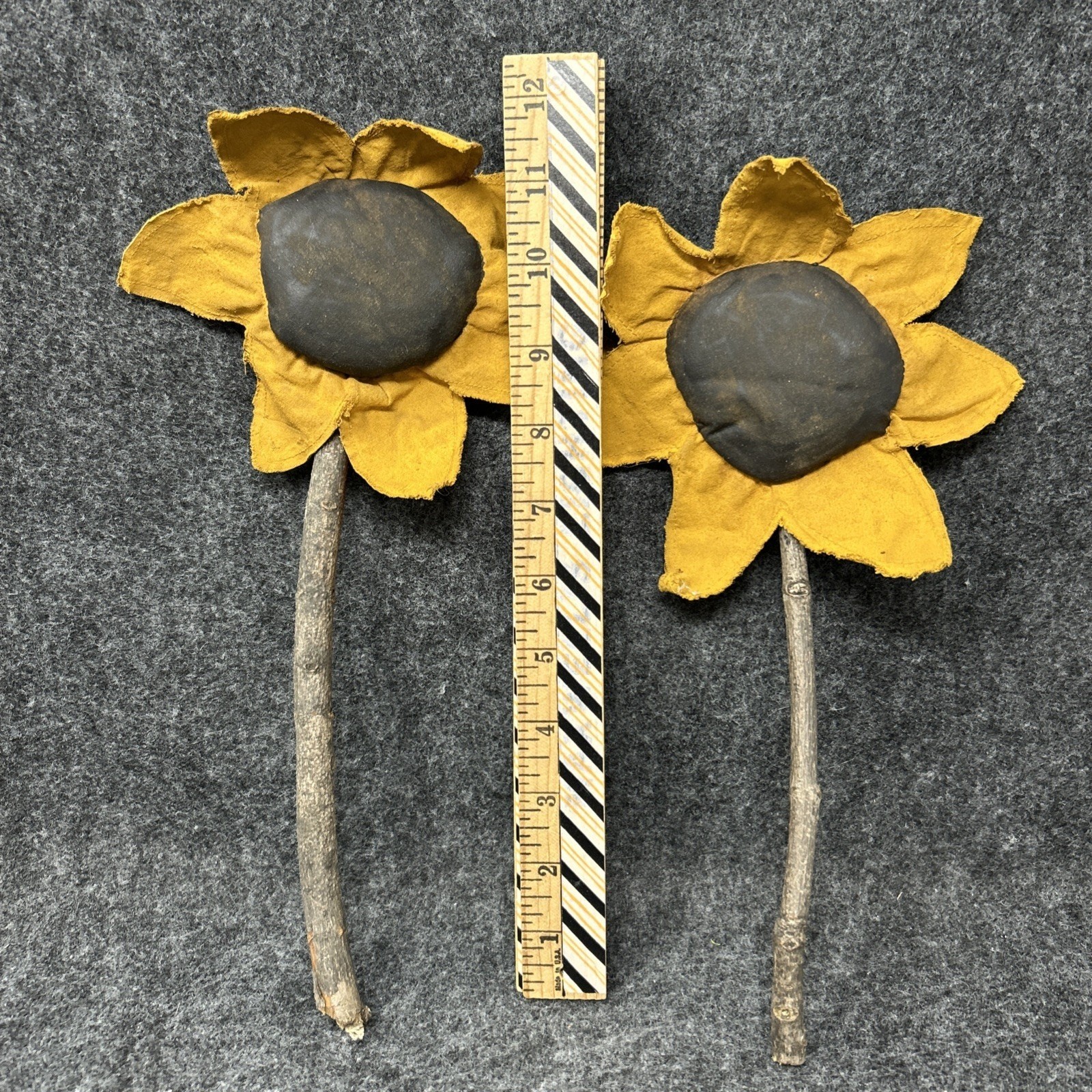 TWO Handmade Wooden Sunflower Stems Rustic Farmhouse Floral Decor Yellow Flower