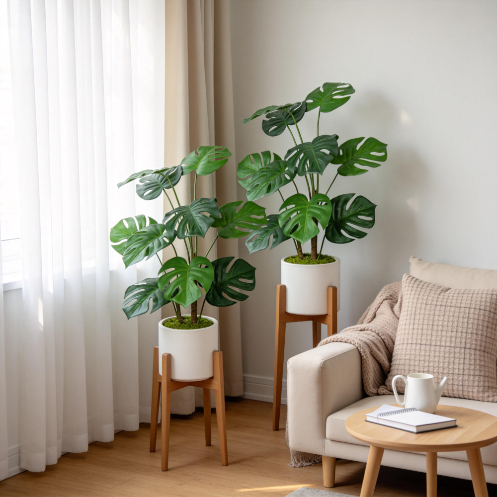 30” Artificial Tropical Alocasia Leaf Plant With White Pot 2pc/set
