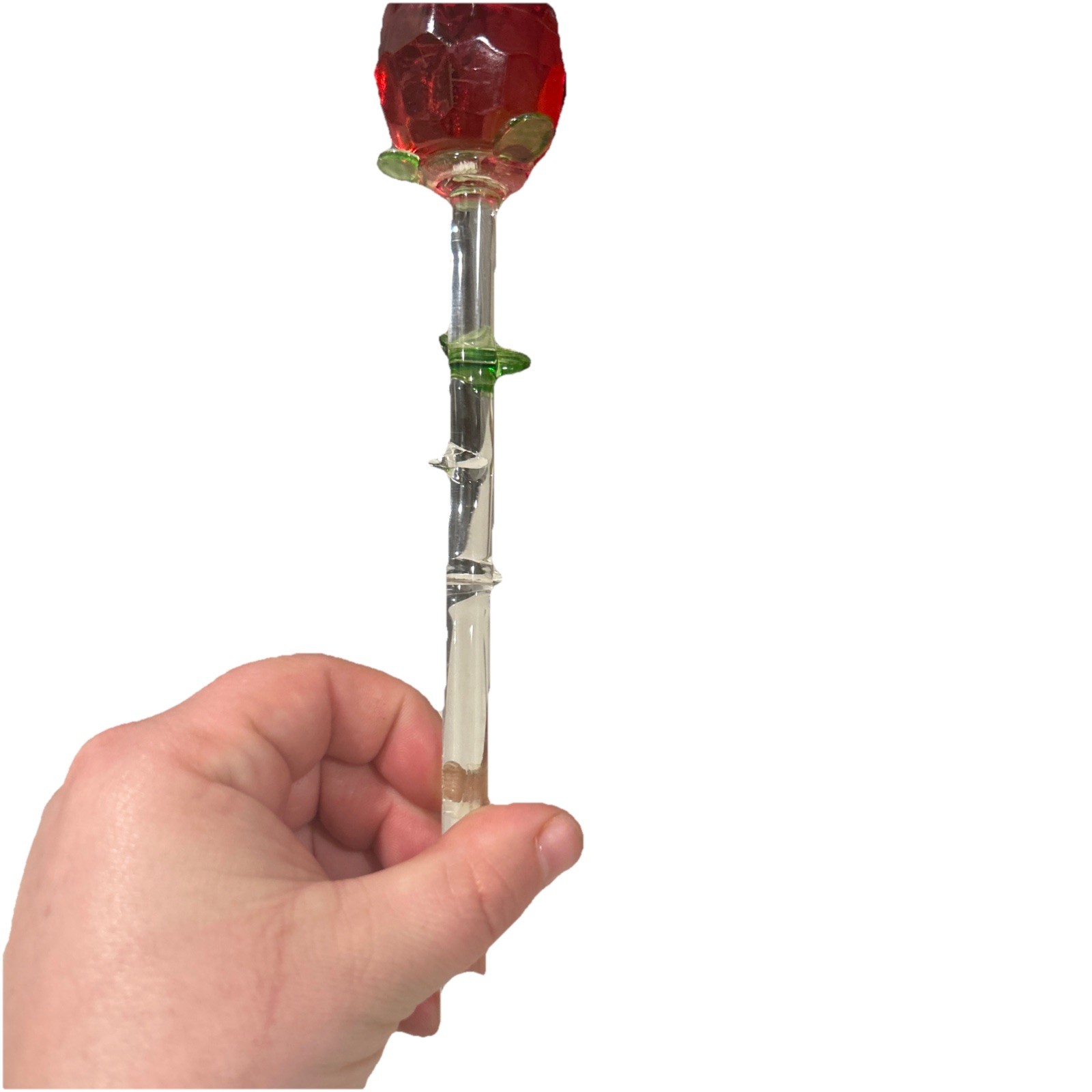 Lot 2 Crystal Glass Red Rose Clear Green Stem 13” In Tact (missing some petals)