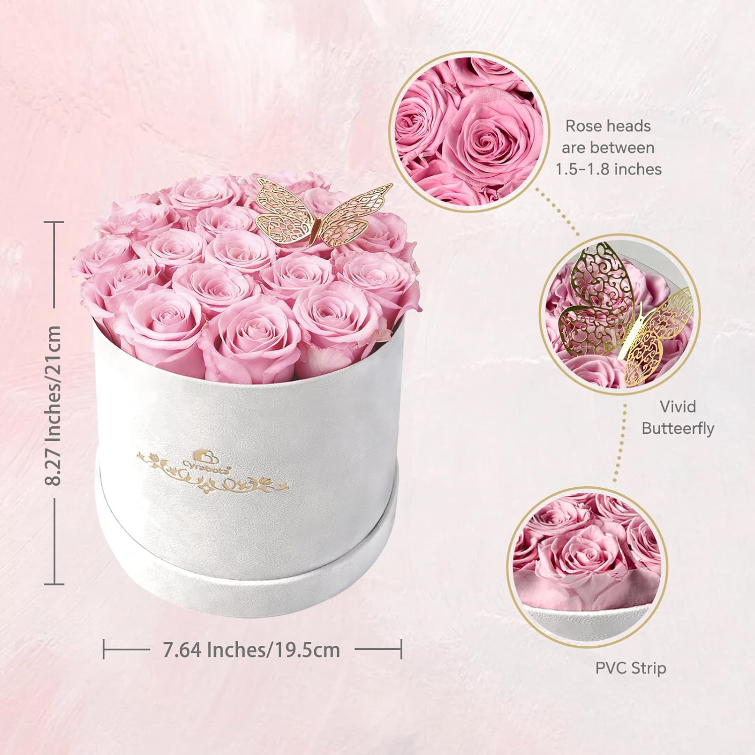 16 Pink Preserved Flowers in round Gift Box, Forever Flowers Eternal Roses for M