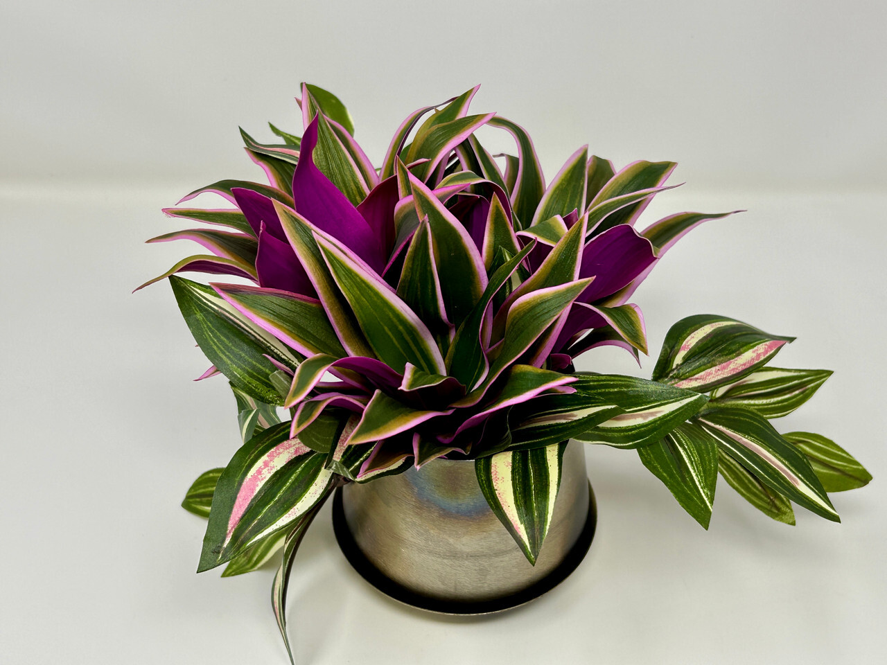 7.5″ Artificial Purple/Pink TRADESCANTIA Silk potted plants in Silver Metal Pot