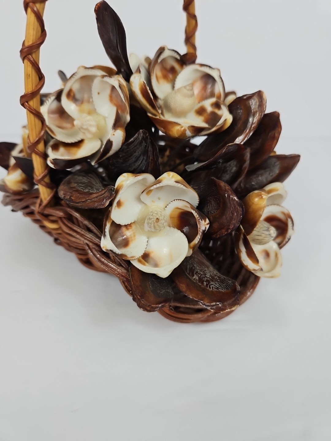 Seashell Art Floral Arrangement In Basket BOHO Vintage handmade decor 6 1/2″tall
