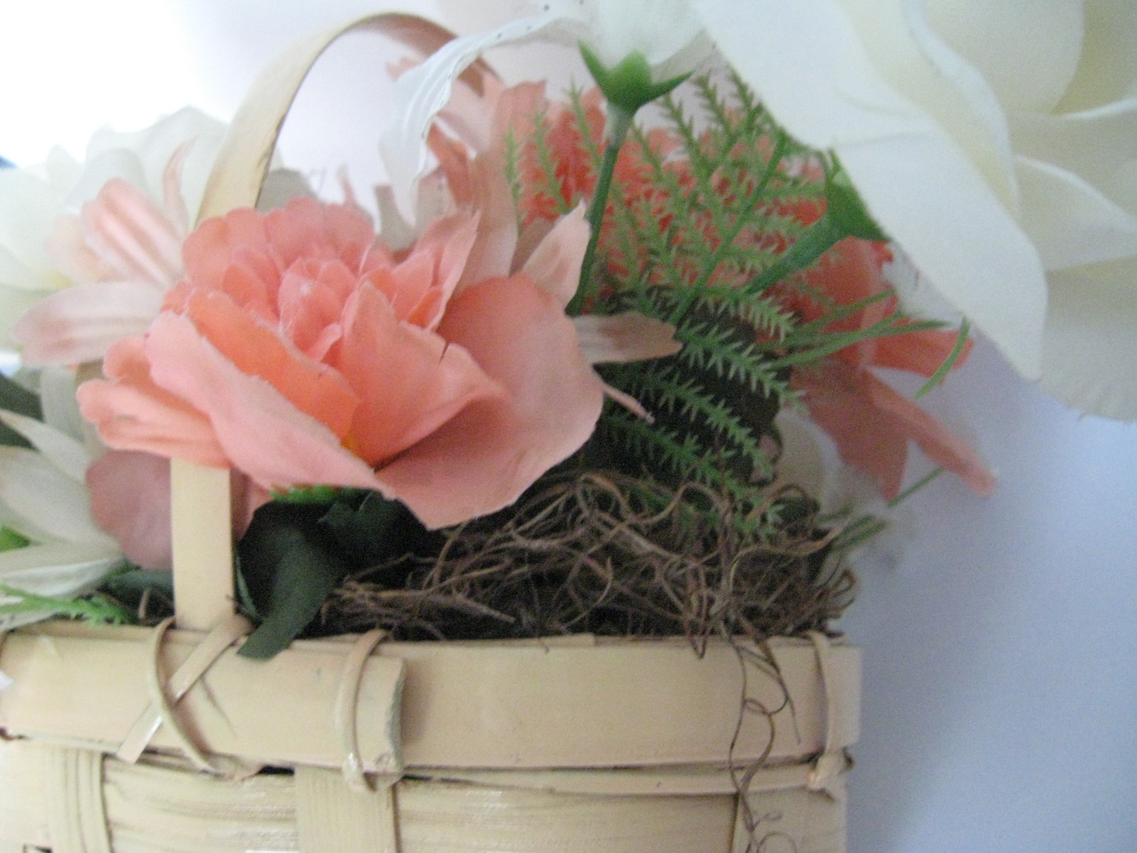 Artificial Floral Arrangement in Basket White Roses Lilies Peach Flowers Ferns