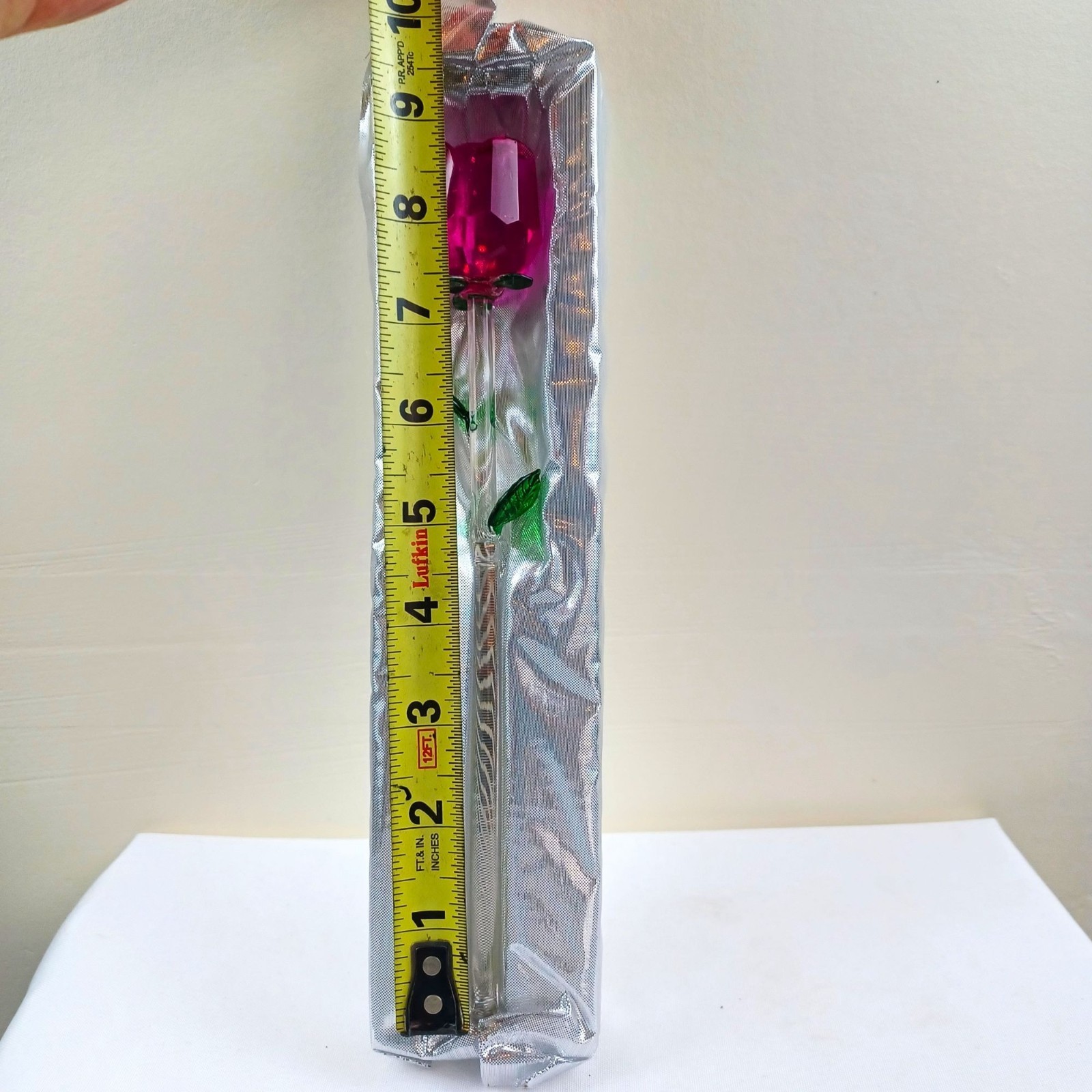 Decorative Glass Rose In Original Box Pink Stem And Green Leaves 8 Inches Long