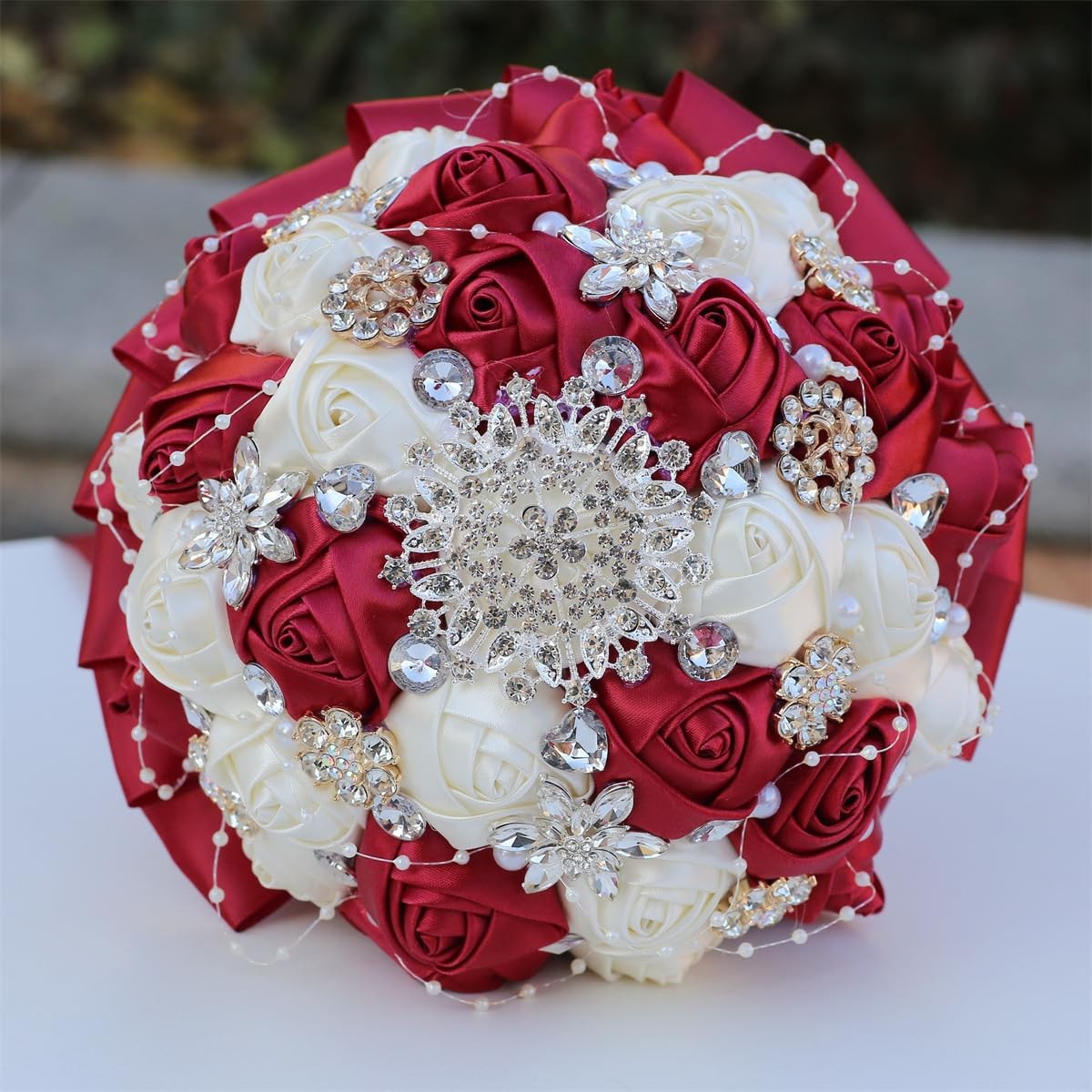 6.3 Inch Dark Red Ivory Bridal Wedding Bouquet Artificial Rose Toss Bunch