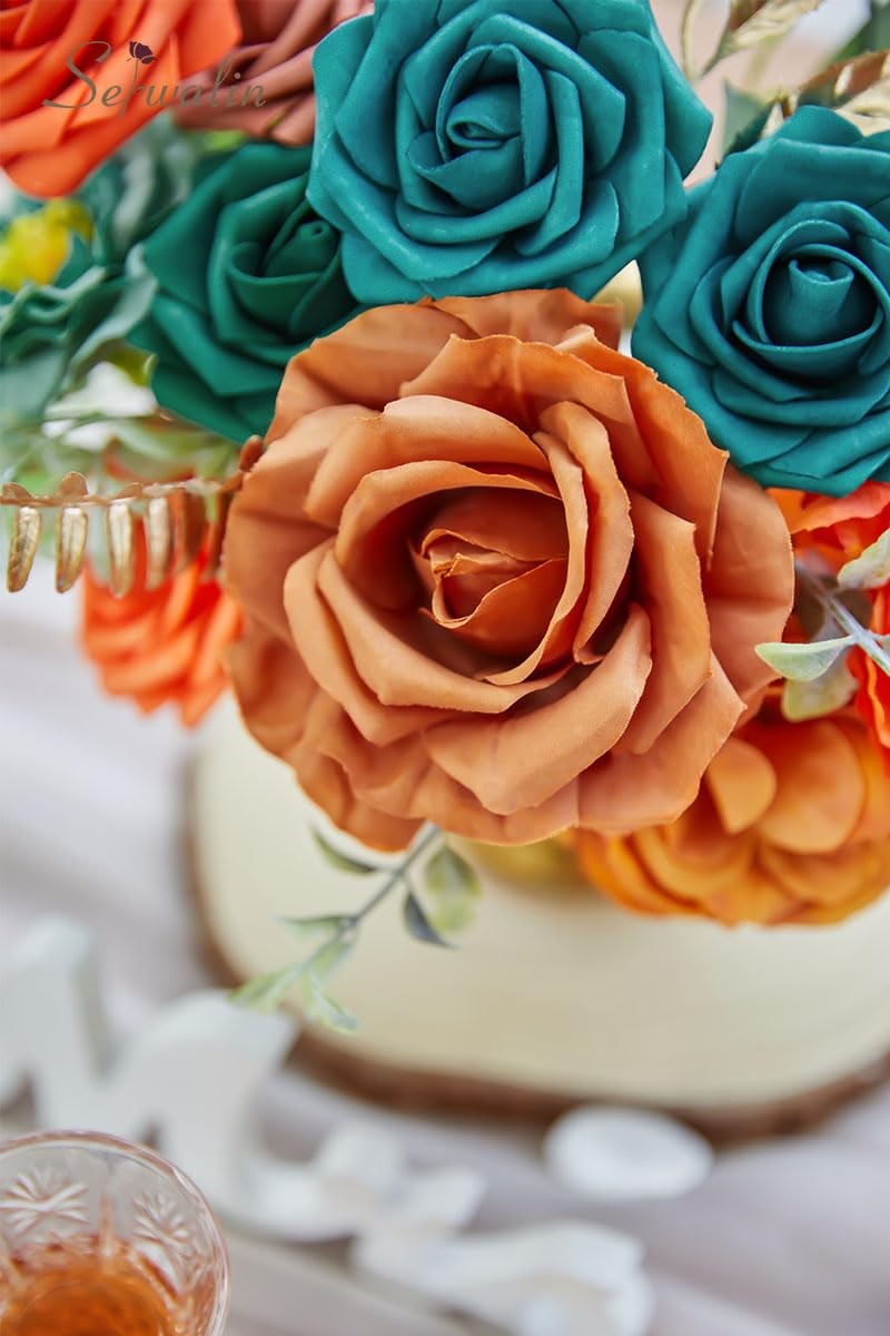 Spring Artificial Flowers Burnt Orange Teal Silk Cake Decor Floral Centerpiece