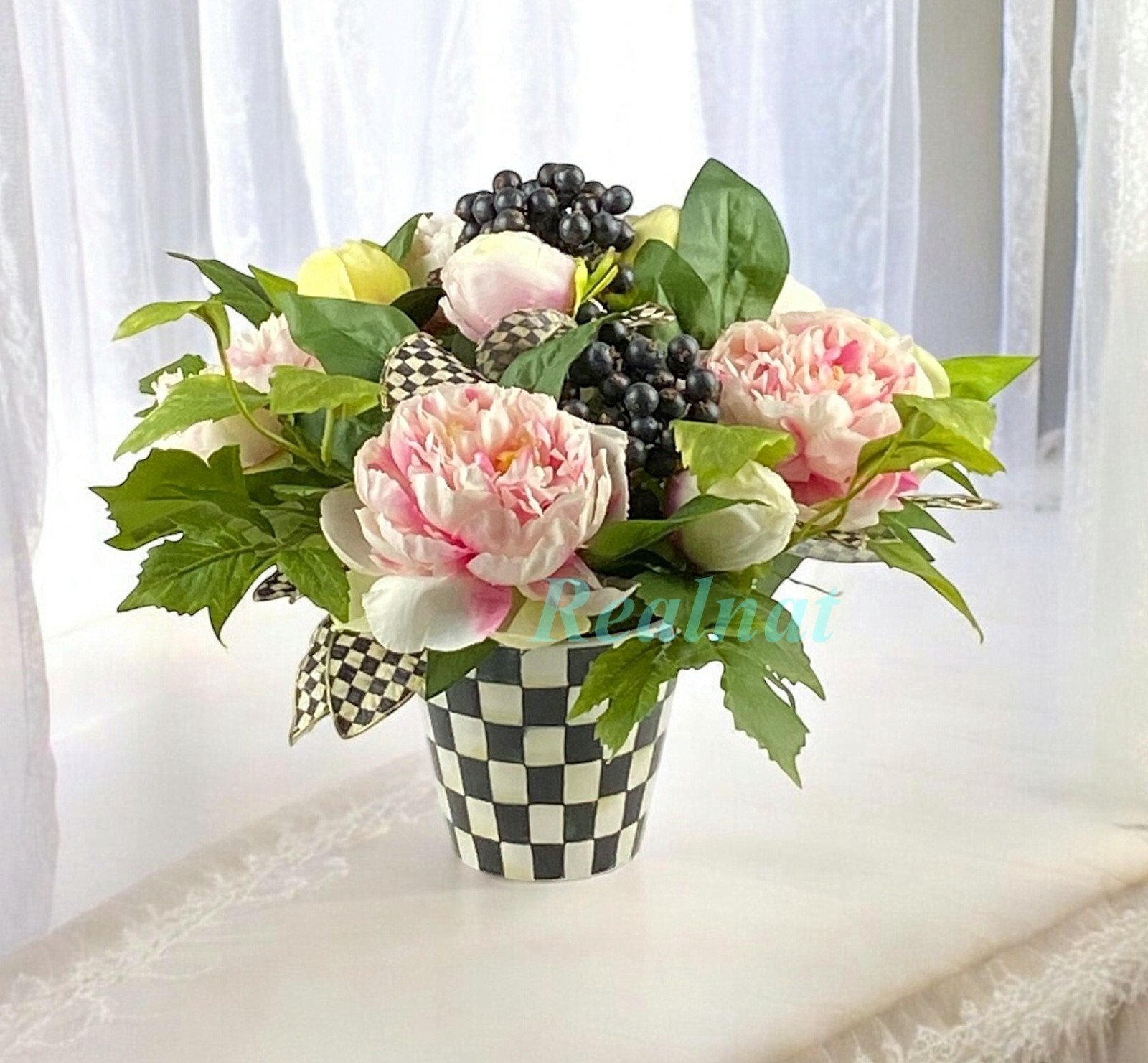 MacKenzie-Childs PEONY ARRANGEMENT COURTLY CHECK POT & LEAVES 11″ NEW NO BOX