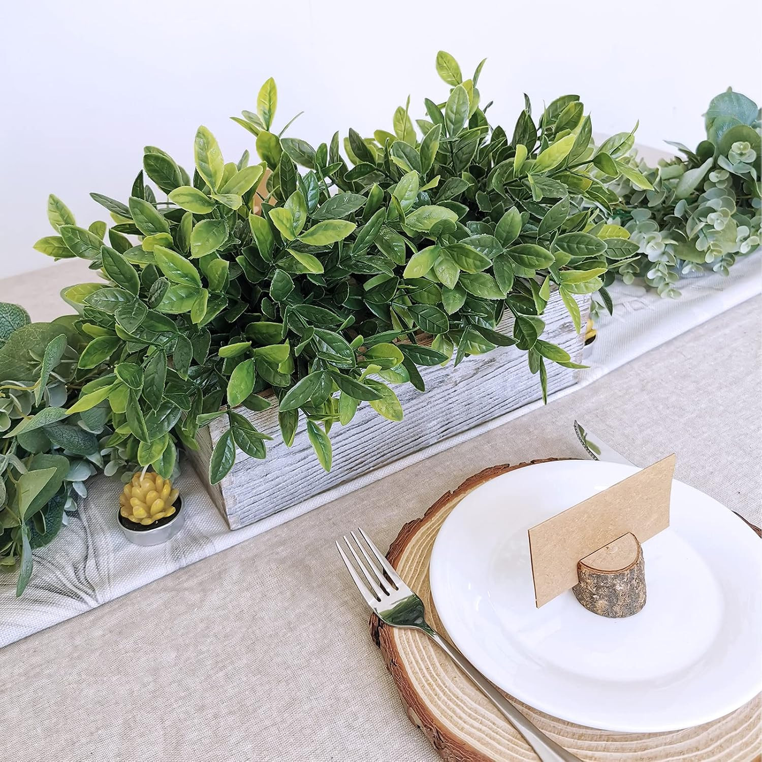 Artificial Eucalyptus Plant in Rustic Rectangular Wooden Planter Box Faux Potted