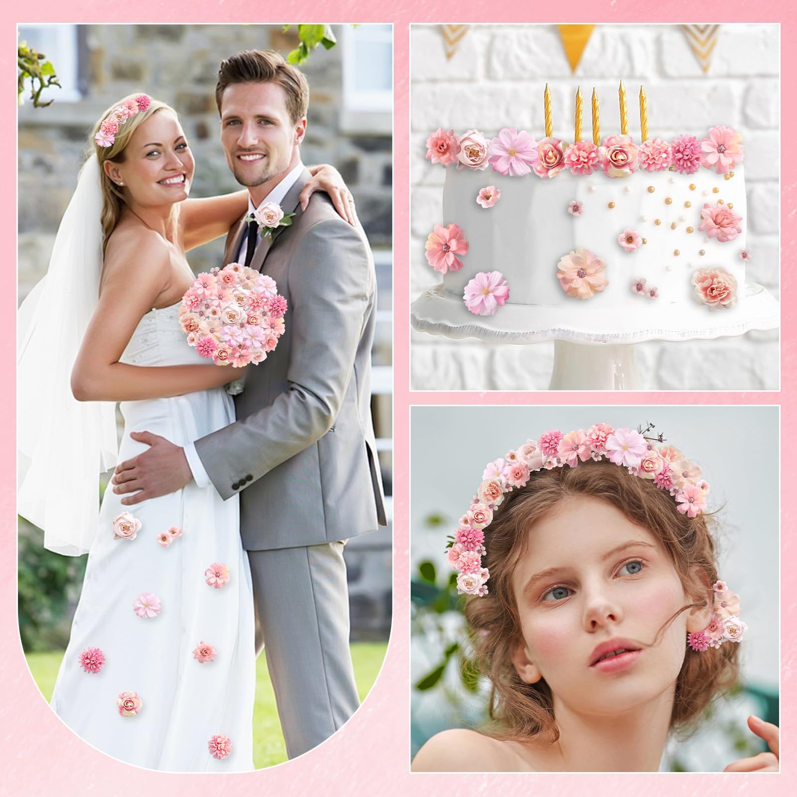 Faux Flower Heads Mini Pink Artificial Flower Heads Fake Peony Daisy Rose Flo…