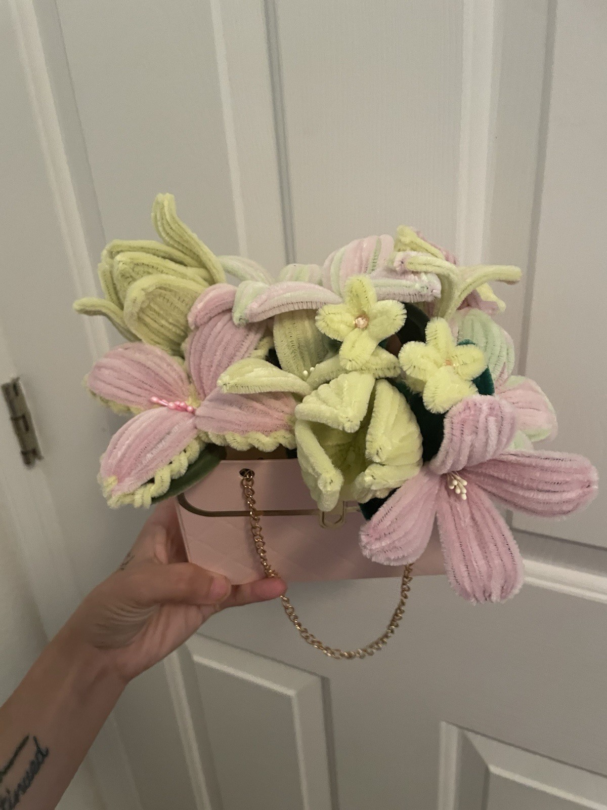 Pink & yellow pipe cleaner flower bouquet w purse, gift bag anniversary birthday